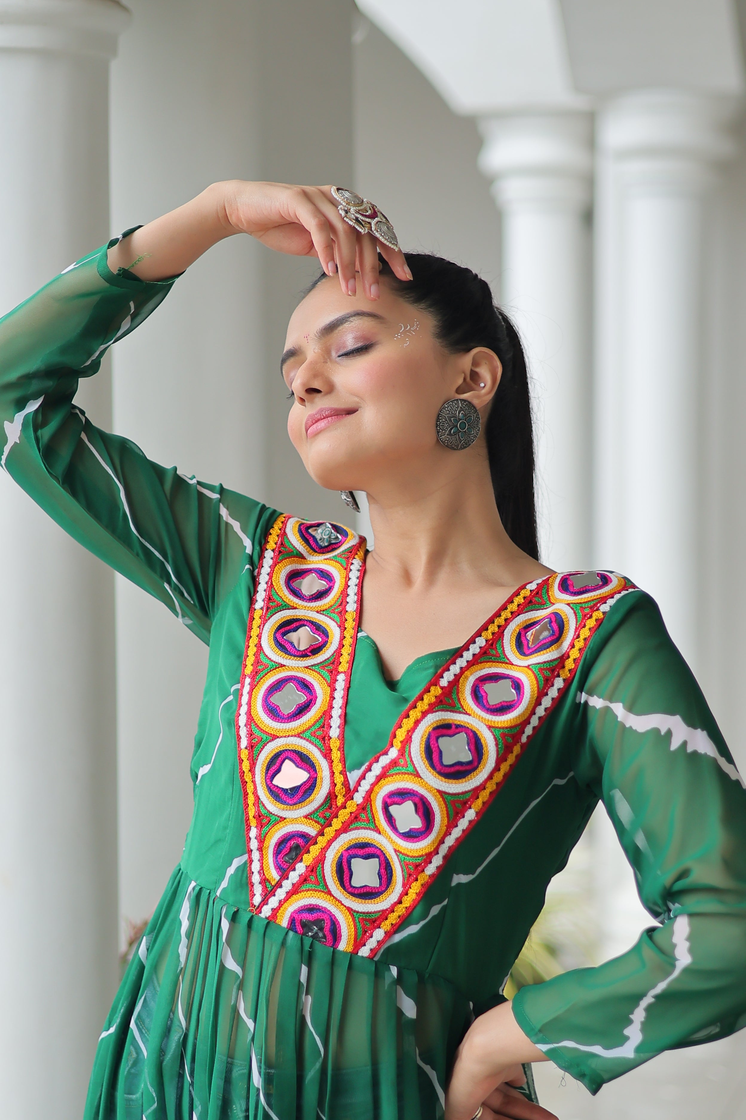 Traditional Bandhej Anarkali Dress with Vibrant Mirror Work Yoke