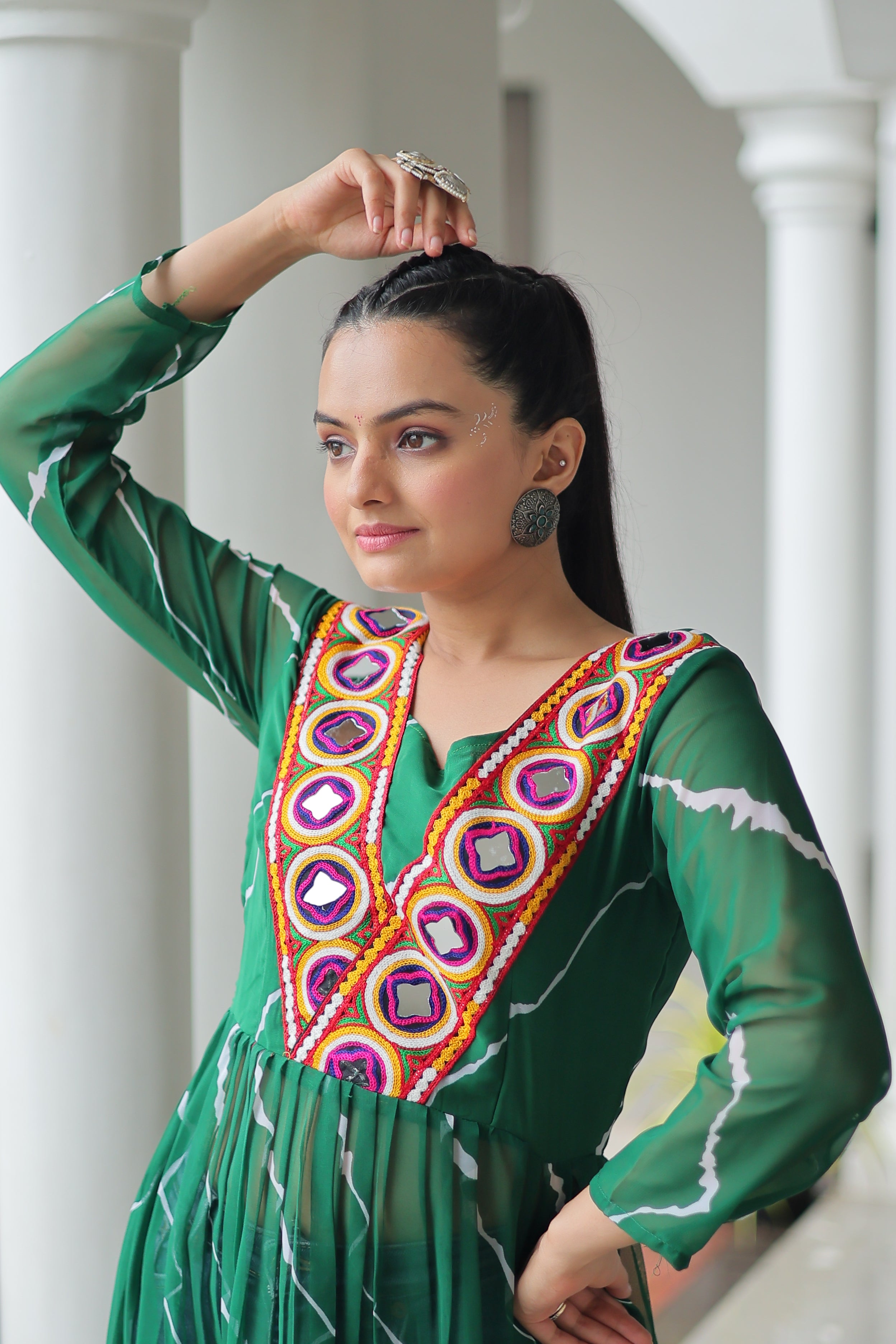 Traditional Bandhej Anarkali Dress with Vibrant Mirror Work Yoke