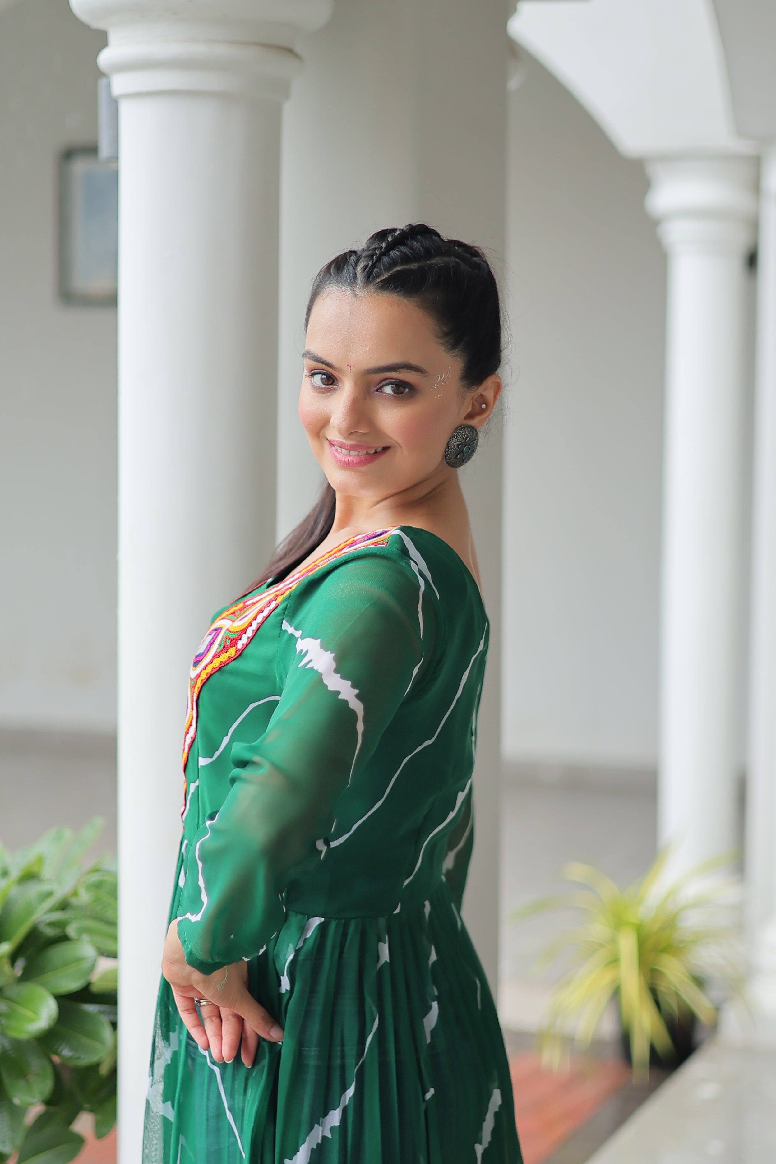Traditional Bandhej Anarkali Dress with Vibrant Mirror Work Yoke