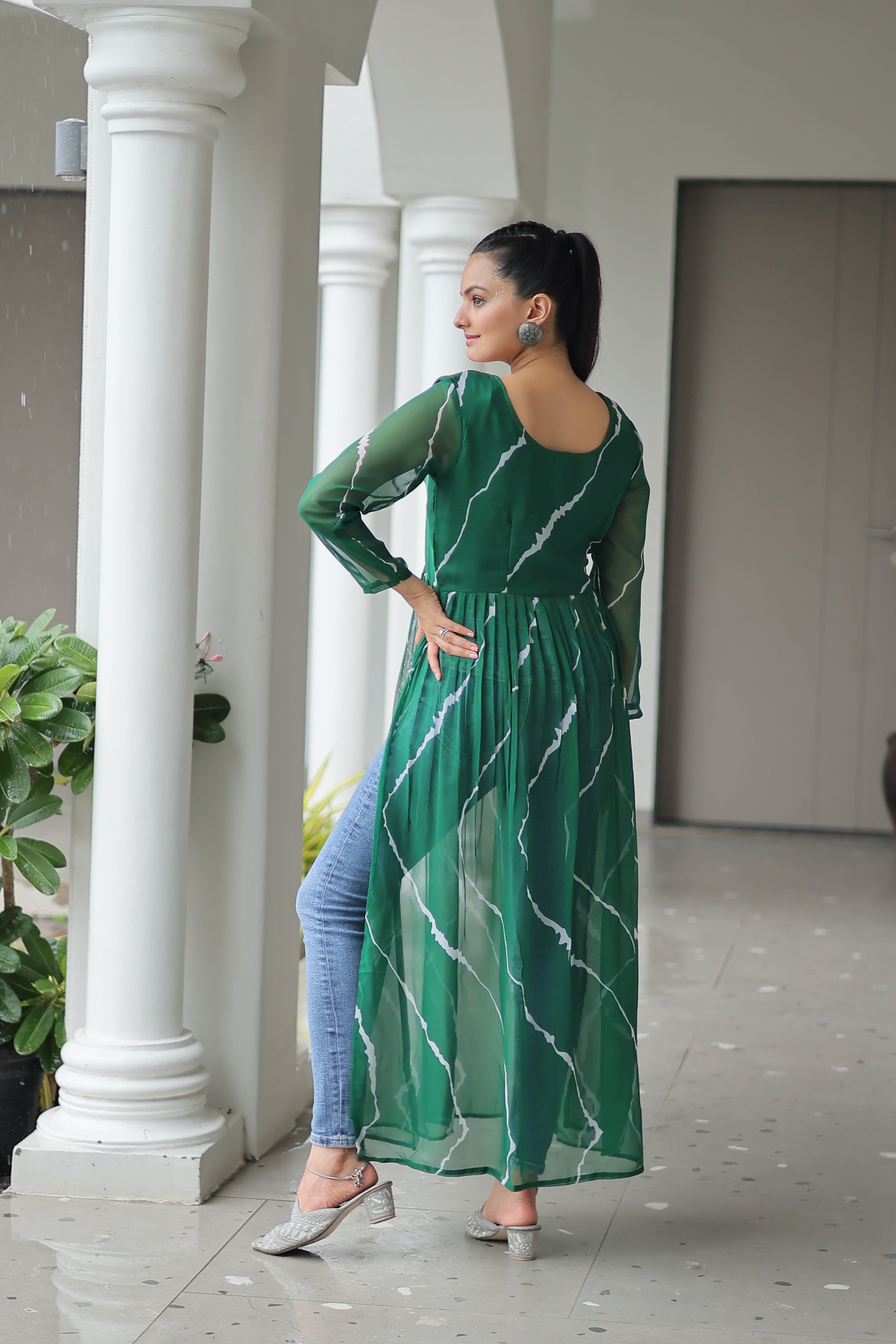 Traditional Bandhej Anarkali Dress with Vibrant Mirror Work Yoke