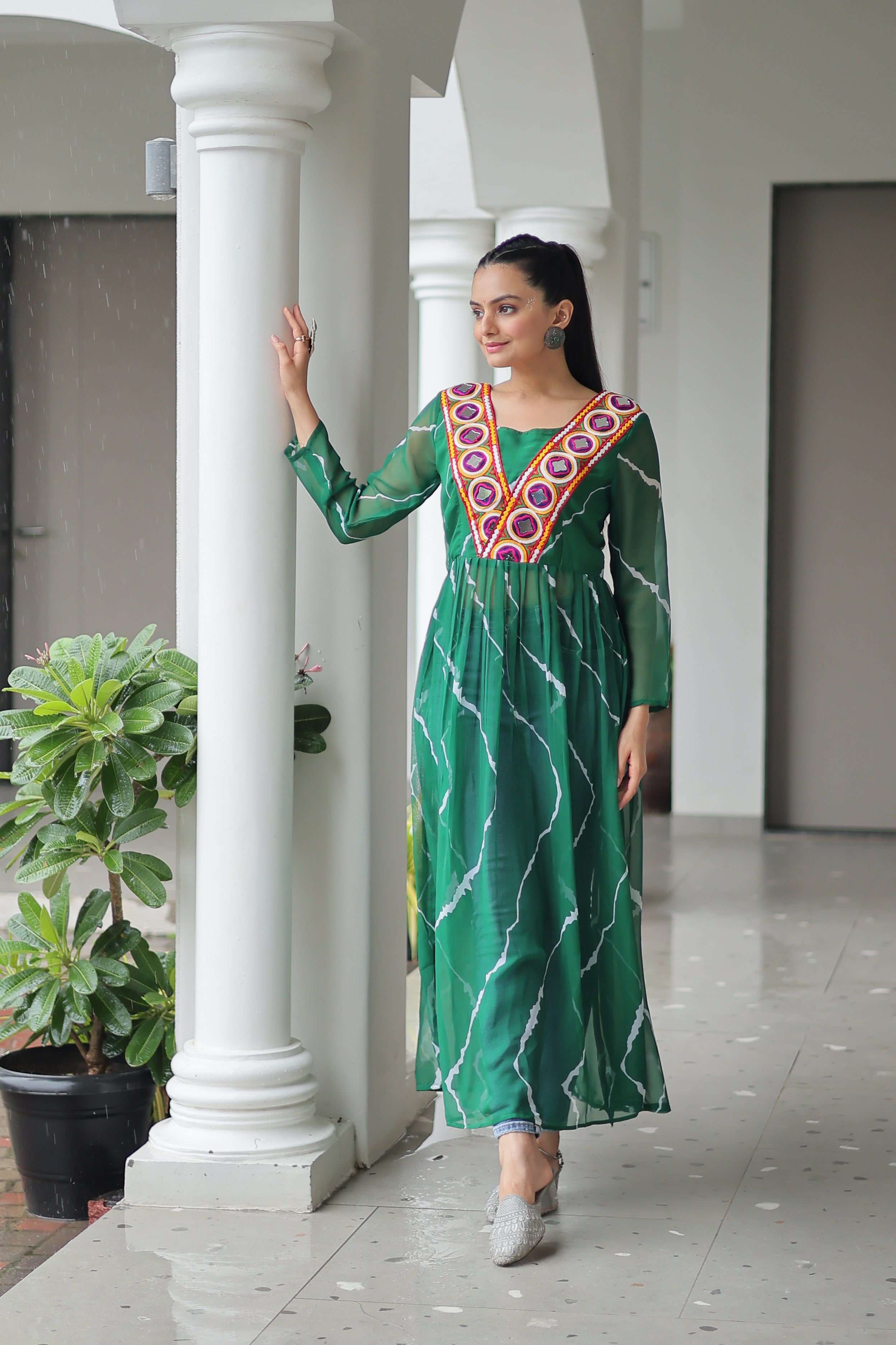 Traditional Bandhej Anarkali Dress with Vibrant Mirror Work Yoke