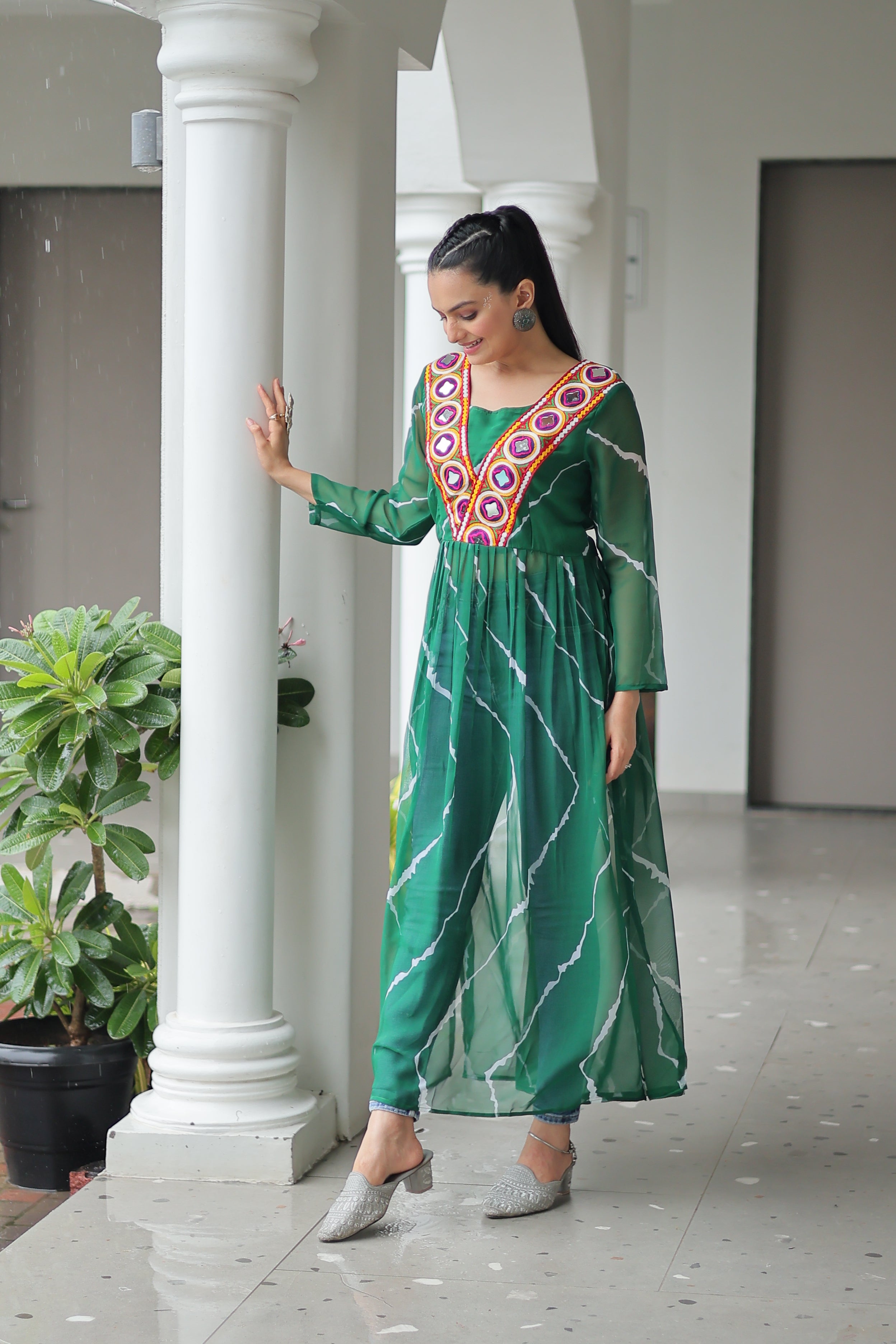 Traditional Bandhej Anarkali Dress with Vibrant Mirror Work Yoke