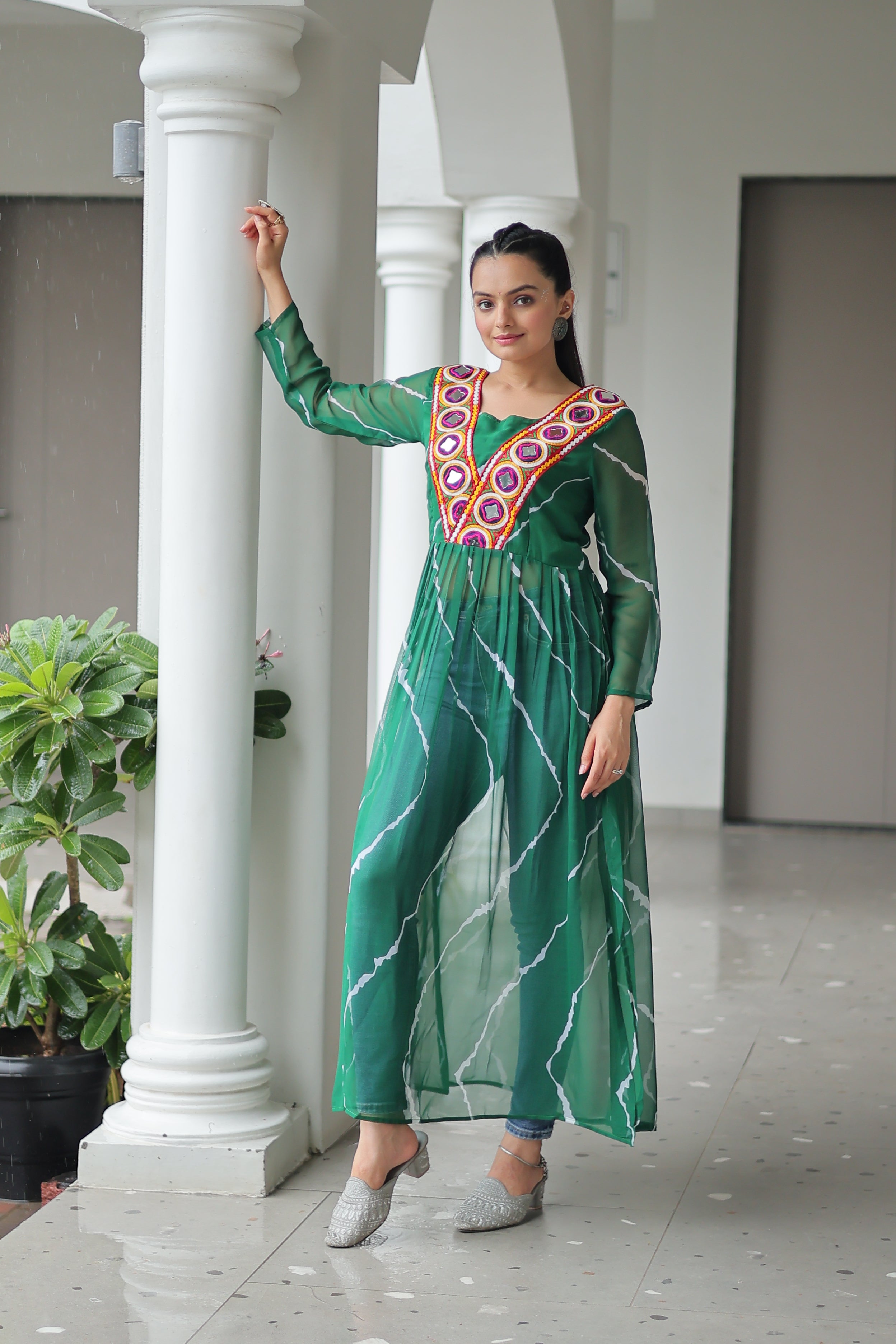 Traditional Bandhej Anarkali Dress with Vibrant Mirror Work Yoke