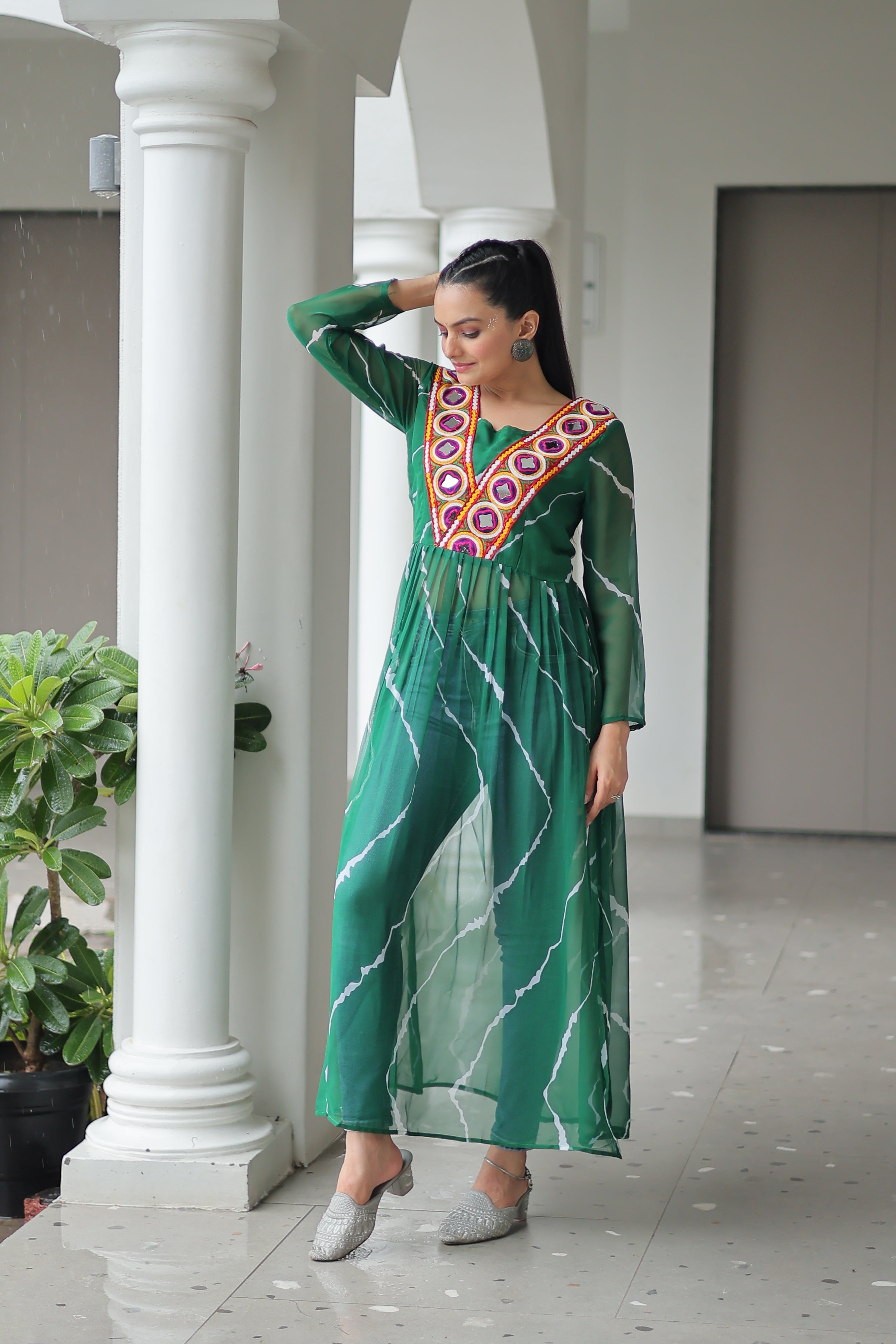 Traditional Bandhej Anarkali Dress with Vibrant Mirror Work Yoke