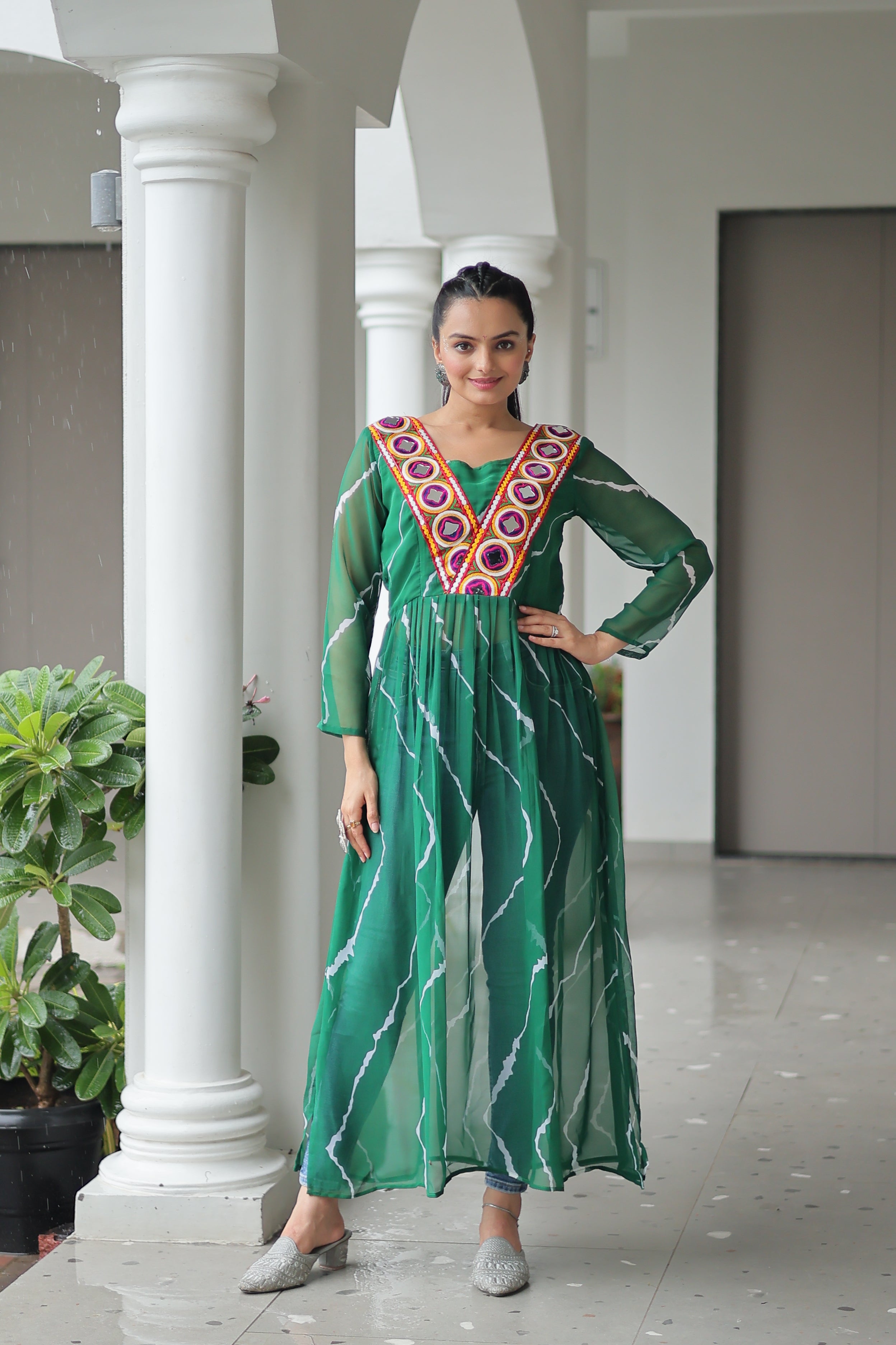 Traditional Bandhej Anarkali Dress with Vibrant Mirror Work Yoke