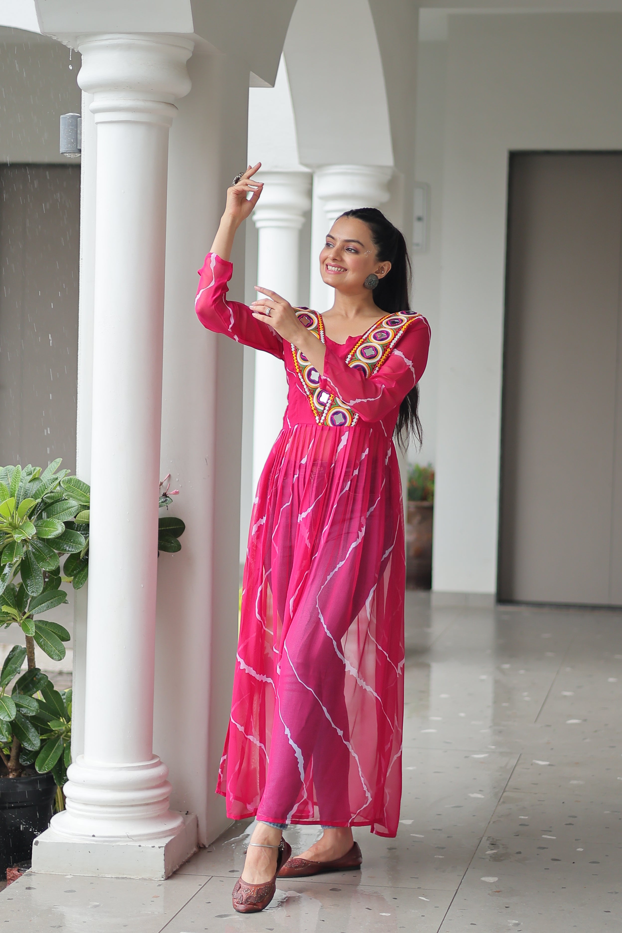 Traditional Bandhej Anarkali Dress with Vibrant Mirror Work Yoke