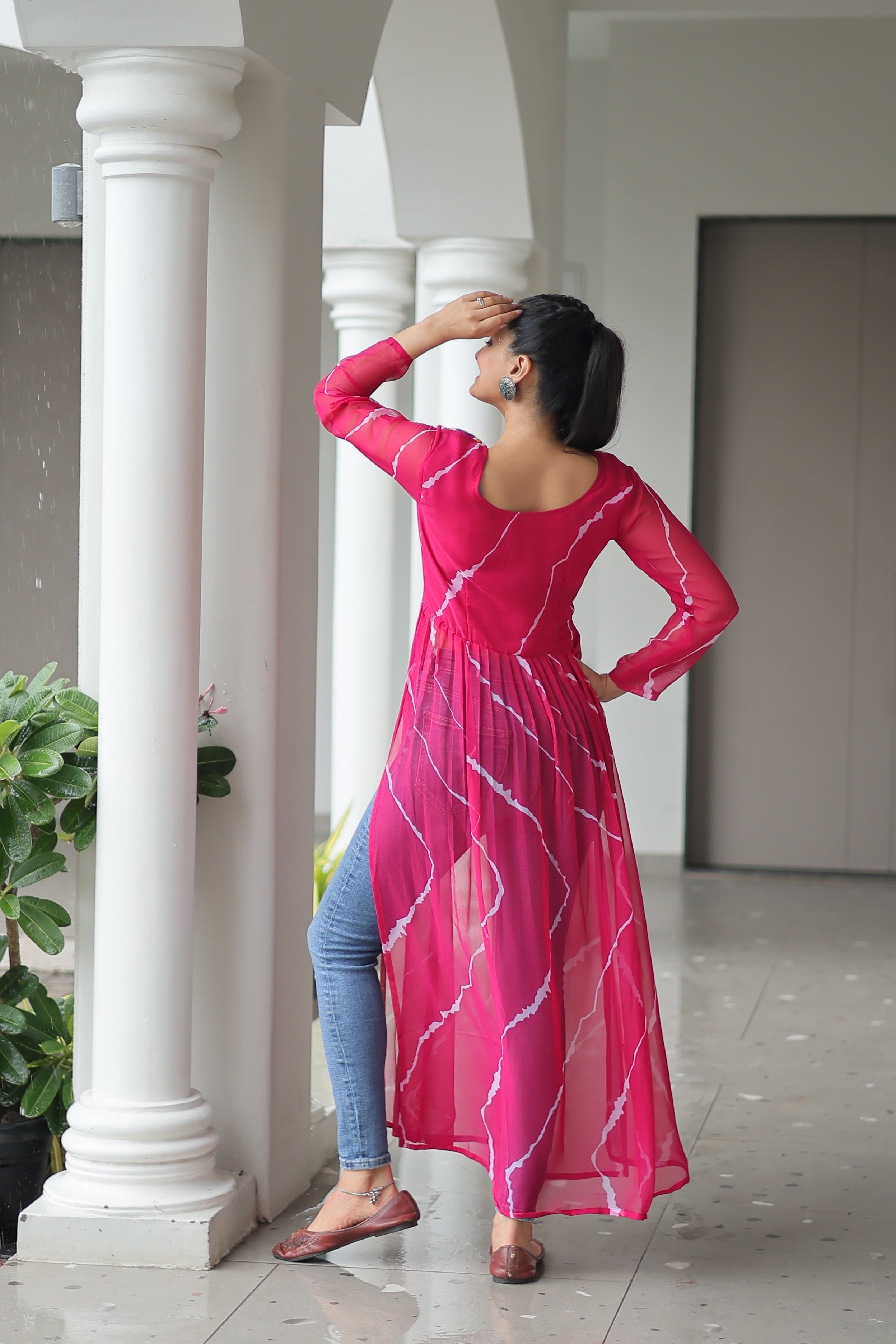 Traditional Bandhej Anarkali Dress with Vibrant Mirror Work Yoke