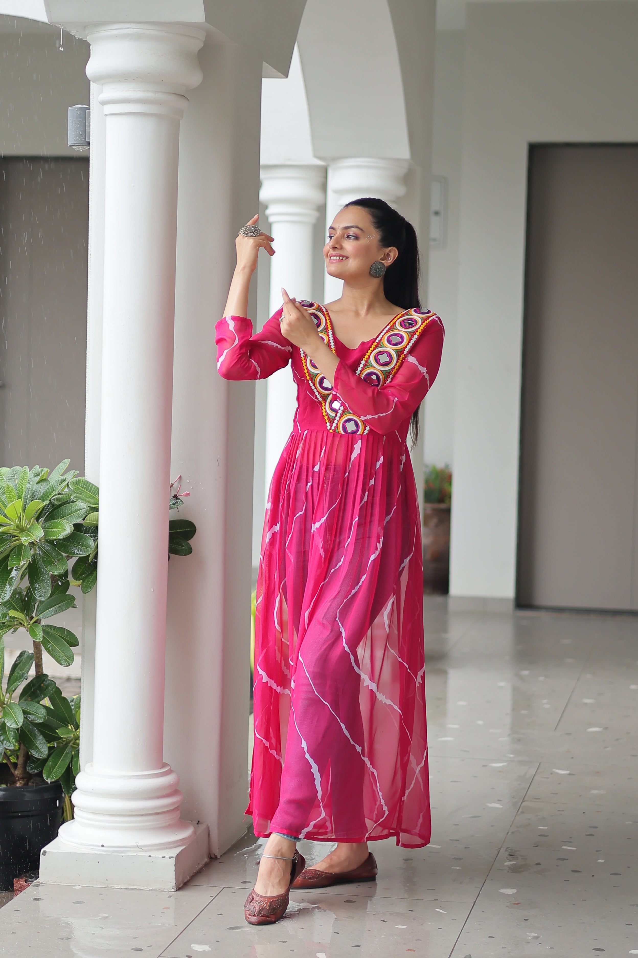 Traditional Bandhej Anarkali Dress with Vibrant Mirror Work Yoke