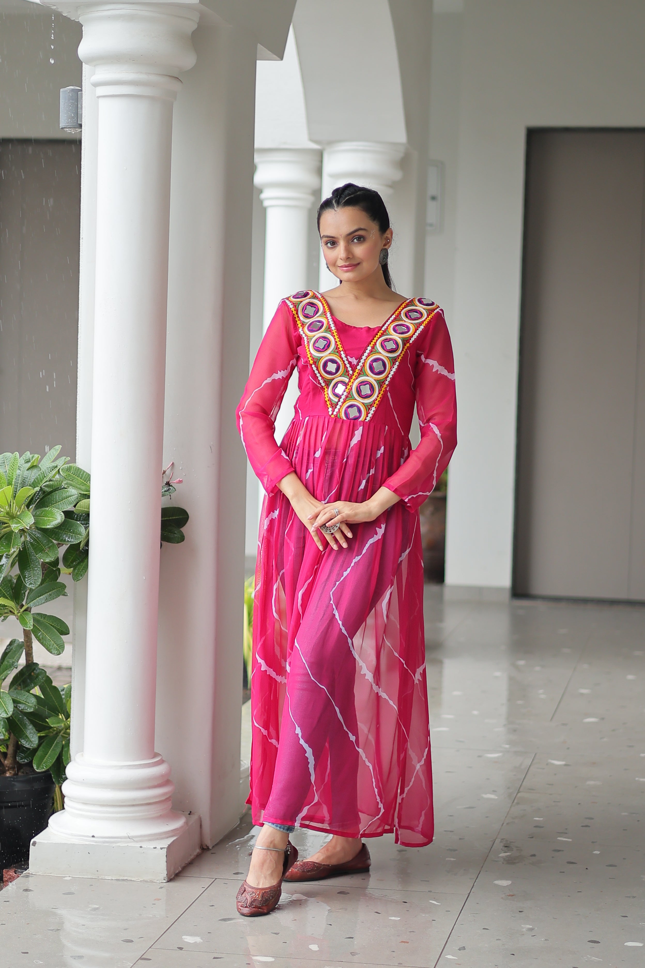 Traditional Bandhej Anarkali Dress with Vibrant Mirror Work Yoke