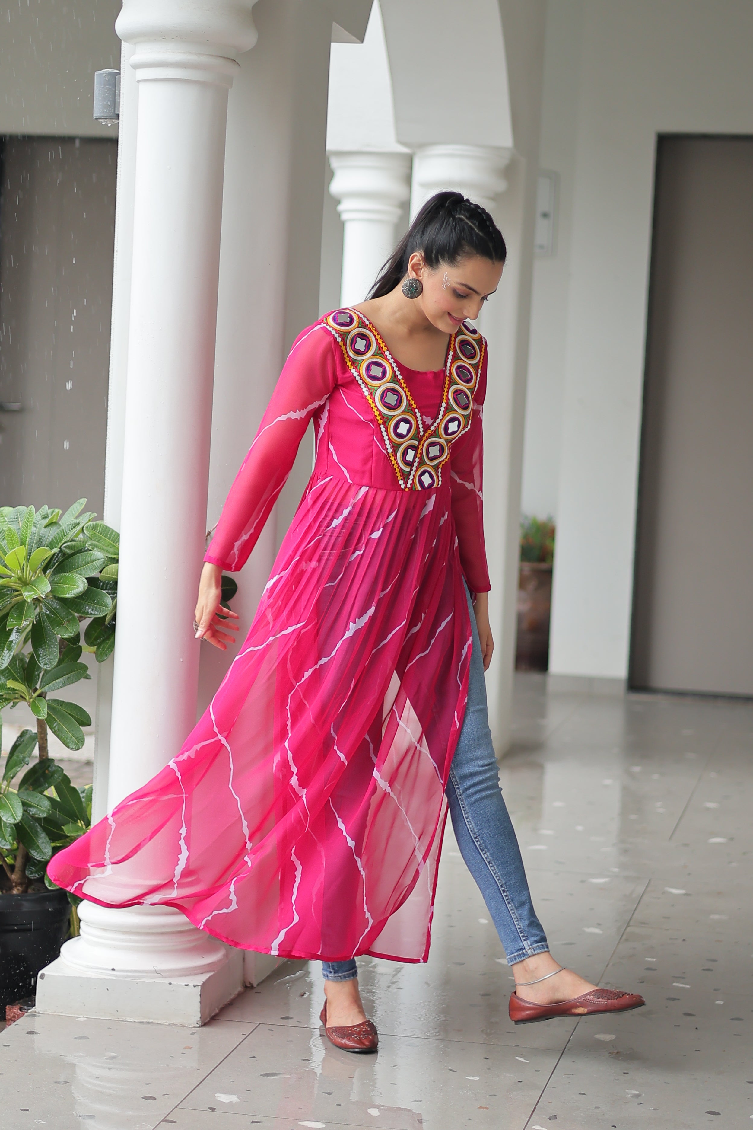 Traditional Bandhej Anarkali Dress with Vibrant Mirror Work Yoke