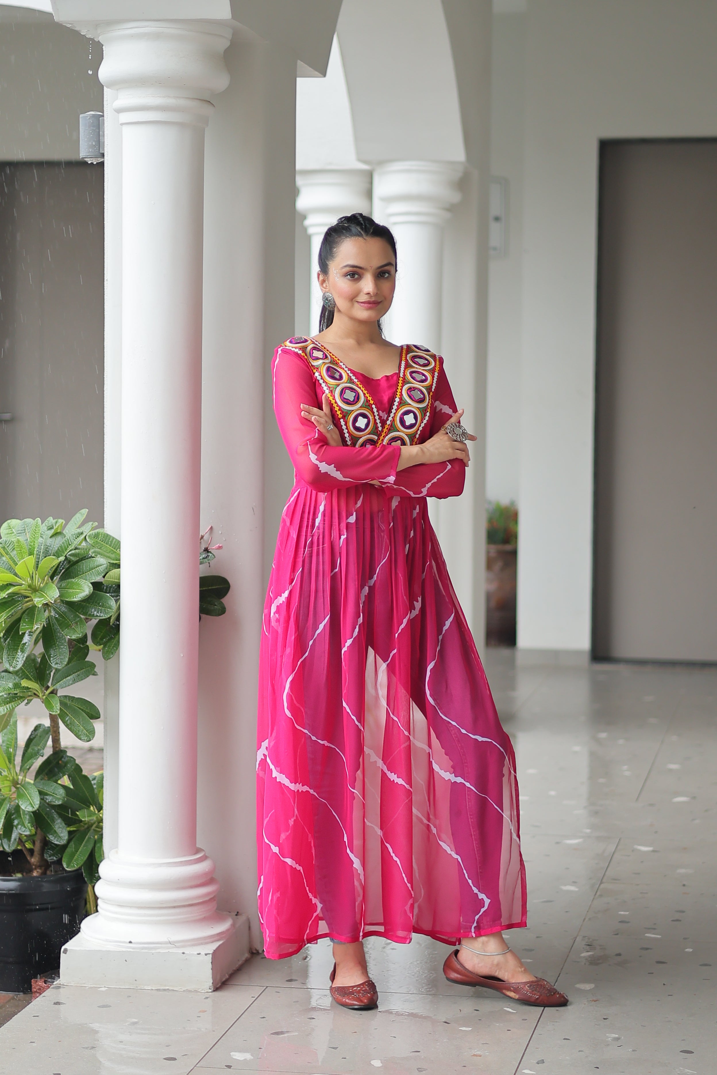 Traditional Bandhej Anarkali Dress with Vibrant Mirror Work Yoke