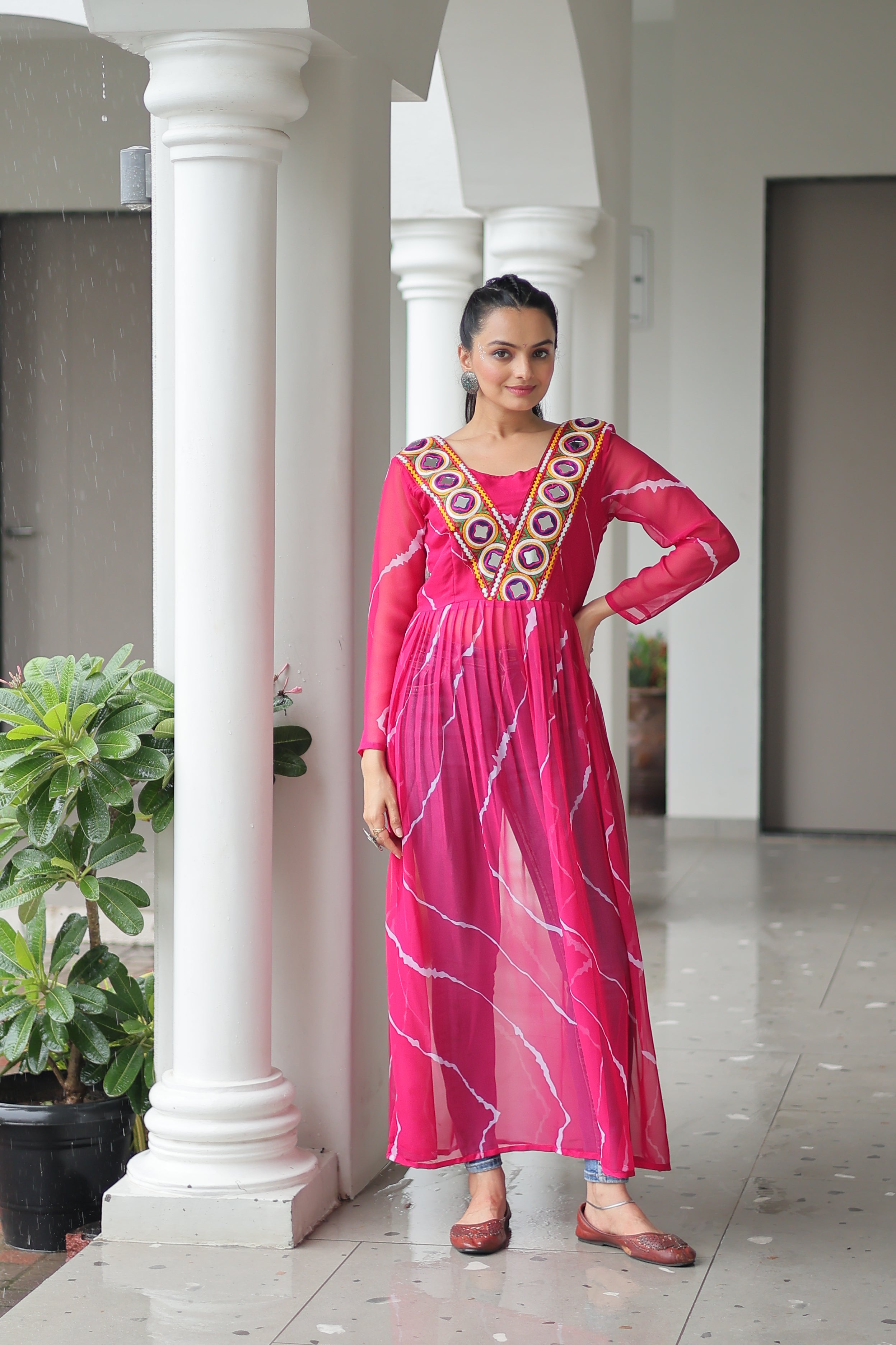 Traditional Bandhej Anarkali Dress with Vibrant Mirror Work Yoke