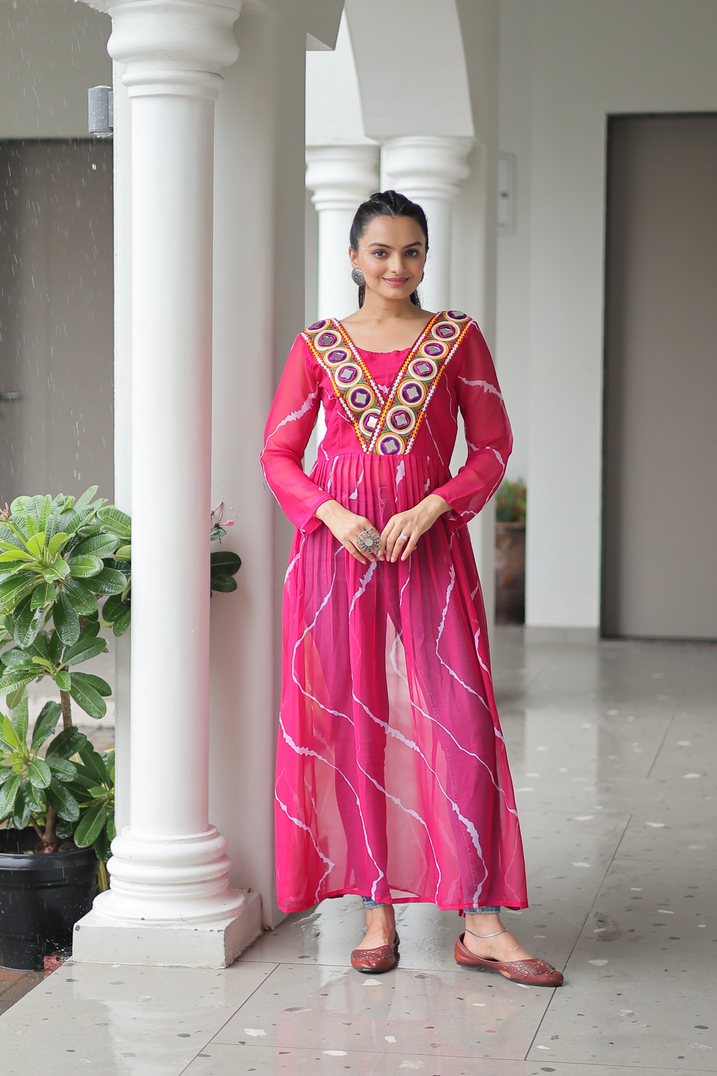 Traditional Bandhej Anarkali Dress with Vibrant Mirror Work Yoke