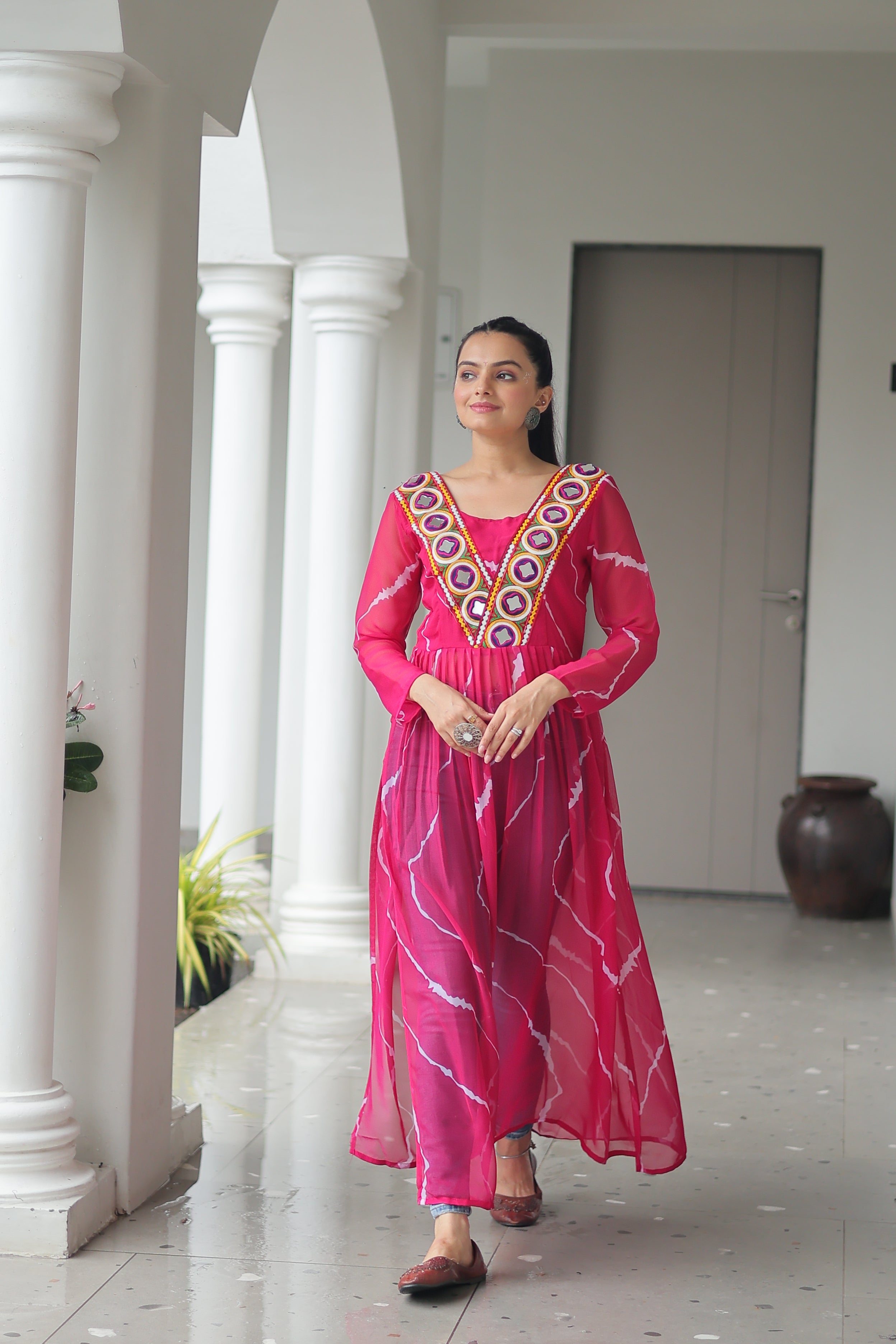 Traditional Bandhej Anarkali Dress with Vibrant Mirror Work Yoke