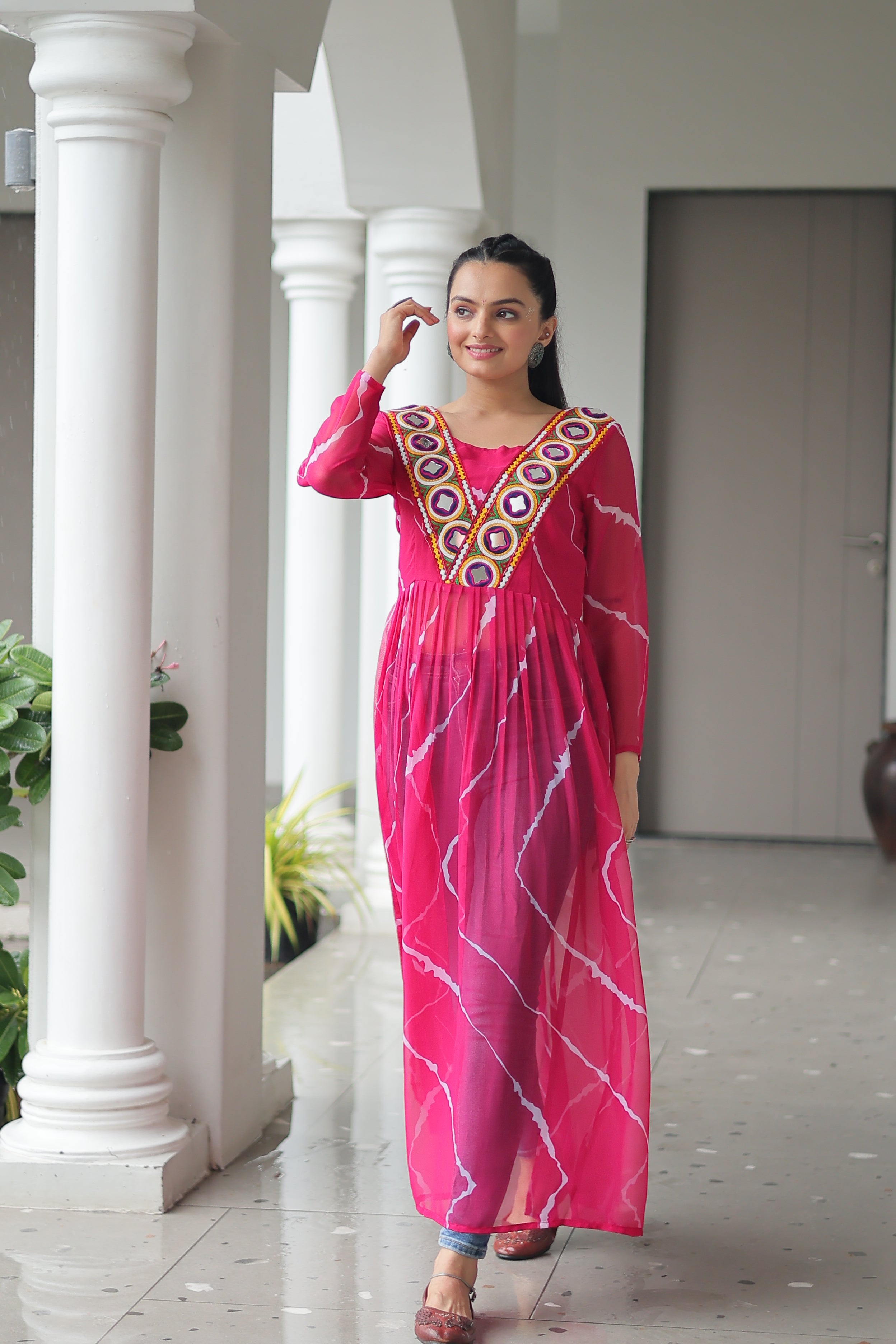 Traditional Bandhej Anarkali Dress with Vibrant Mirror Work Yoke