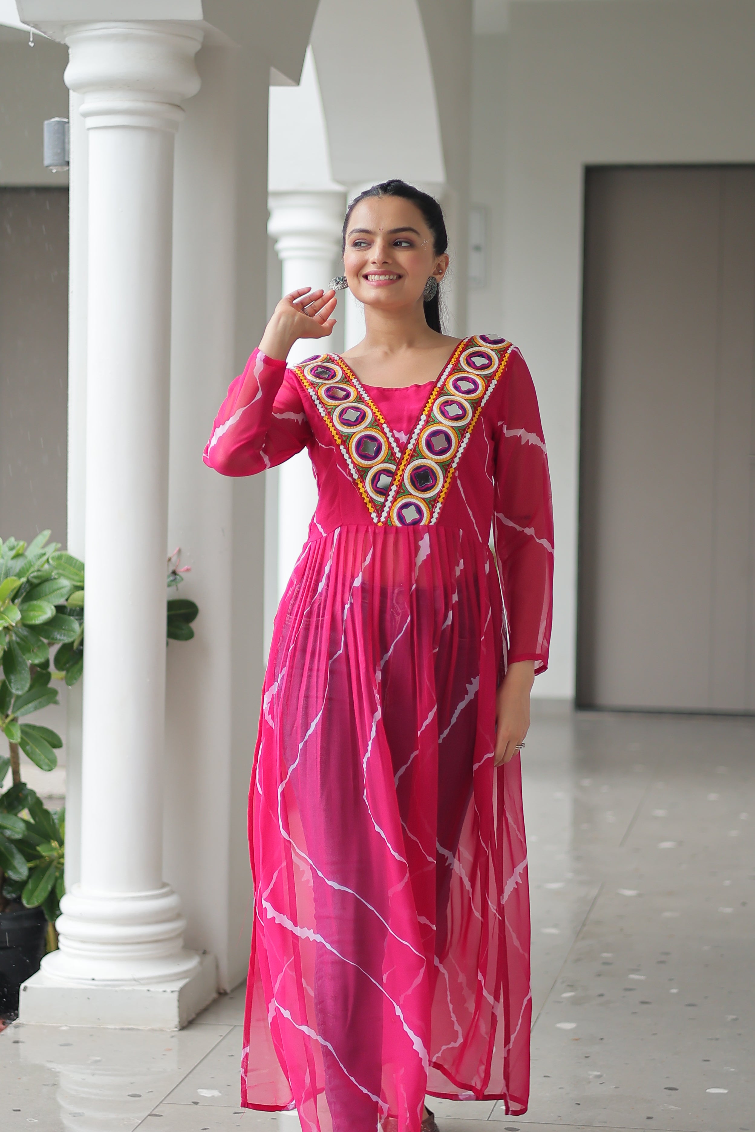 Traditional Bandhej Anarkali Dress with Vibrant Mirror Work Yoke
