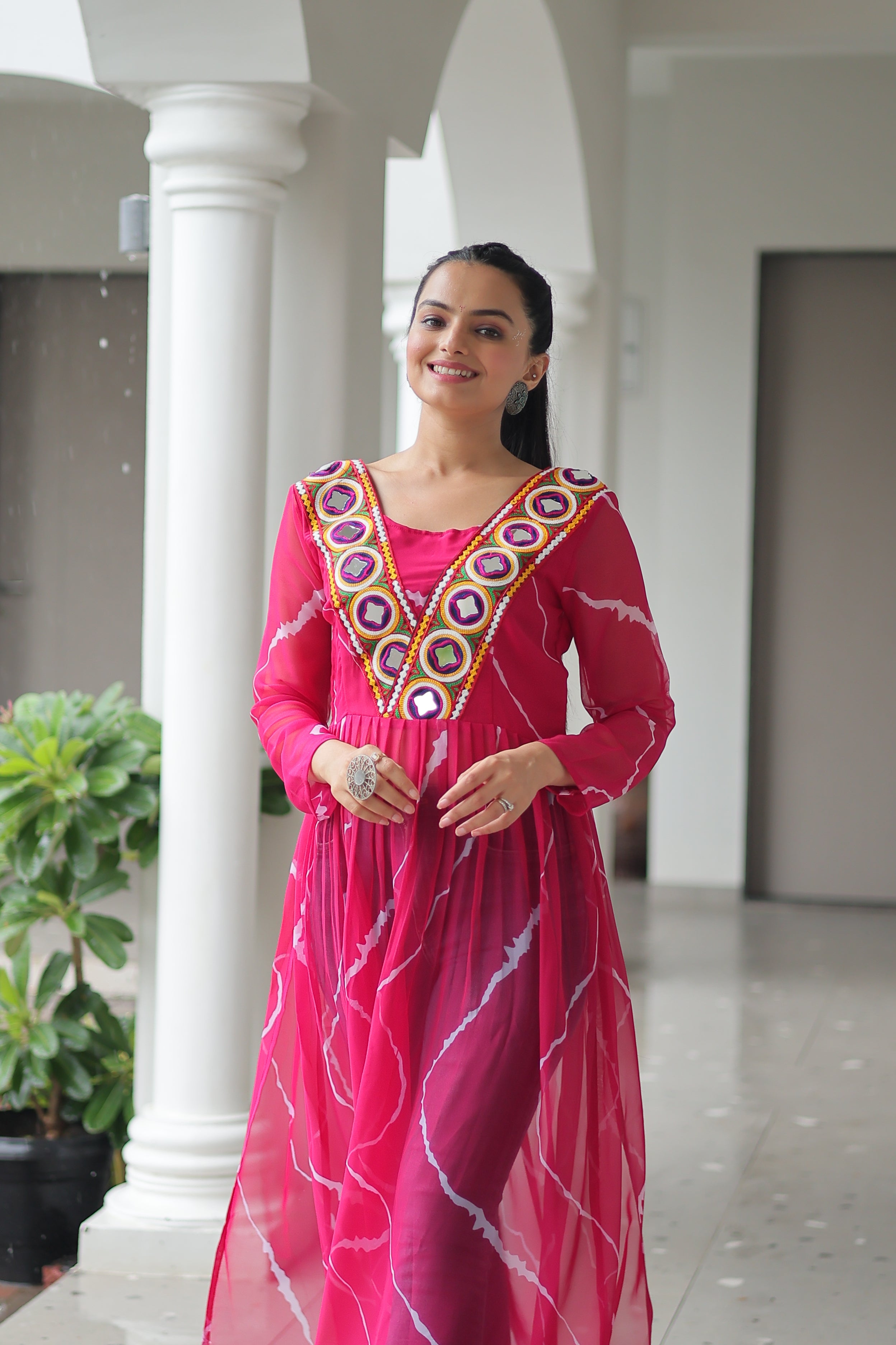 Traditional Bandhej Anarkali Dress with Vibrant Mirror Work Yoke