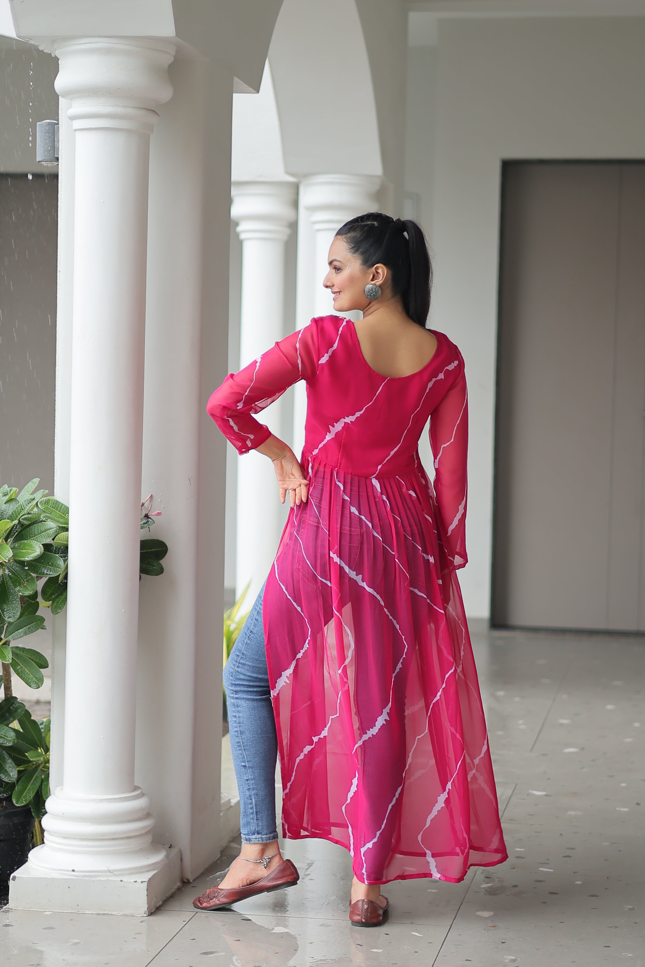 Traditional Bandhej Anarkali Dress with Vibrant Mirror Work Yoke