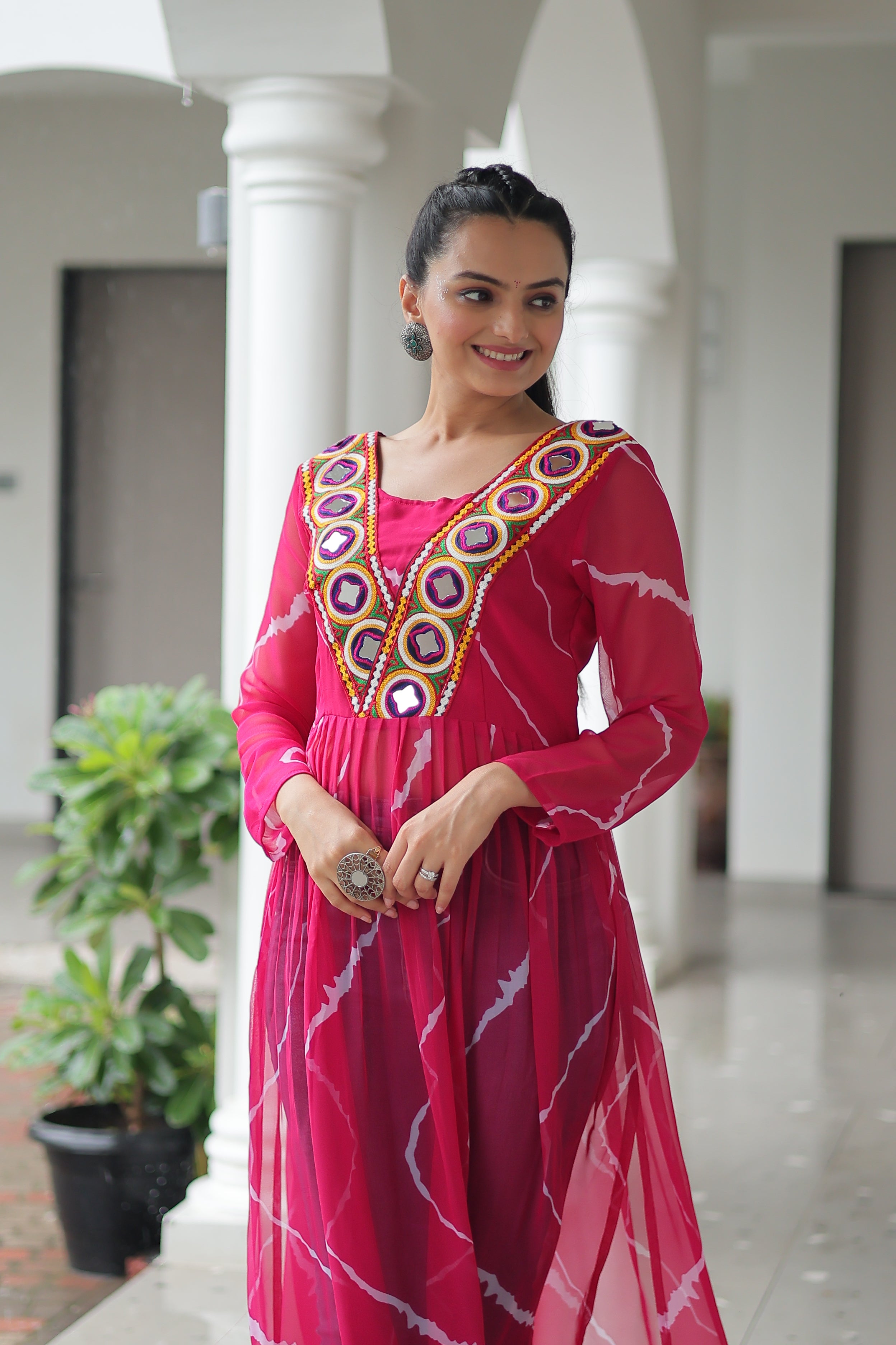 Traditional Bandhej Anarkali Dress with Vibrant Mirror Work Yoke
