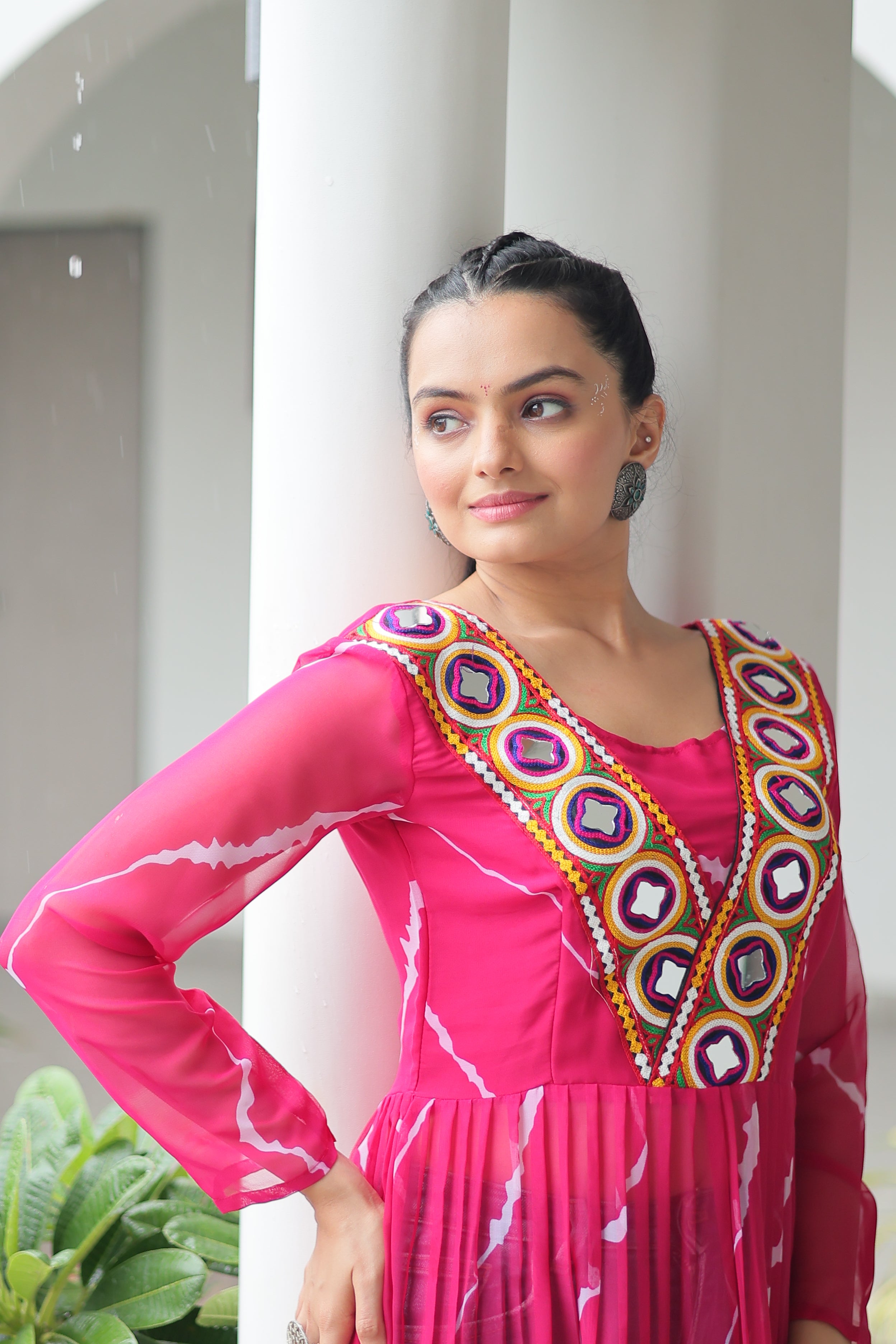 Traditional Bandhej Anarkali Dress with Vibrant Mirror Work Yoke