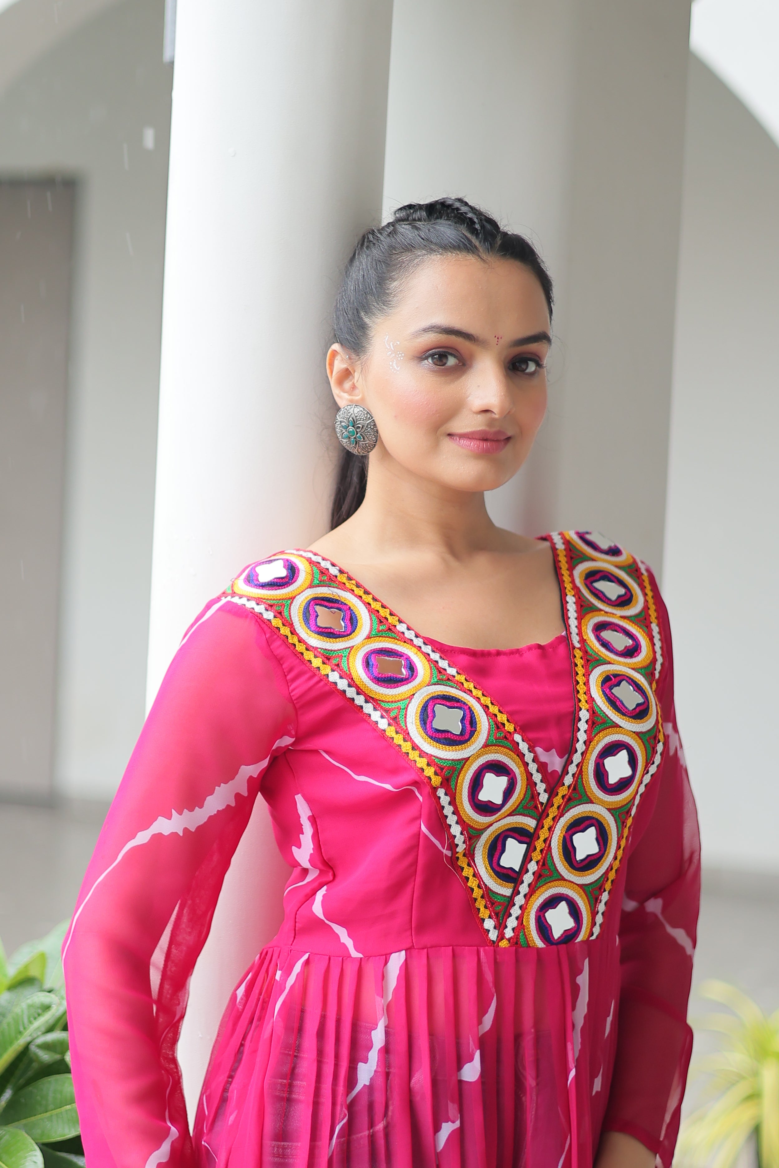 Traditional Bandhej Anarkali Dress with Vibrant Mirror Work Yoke
