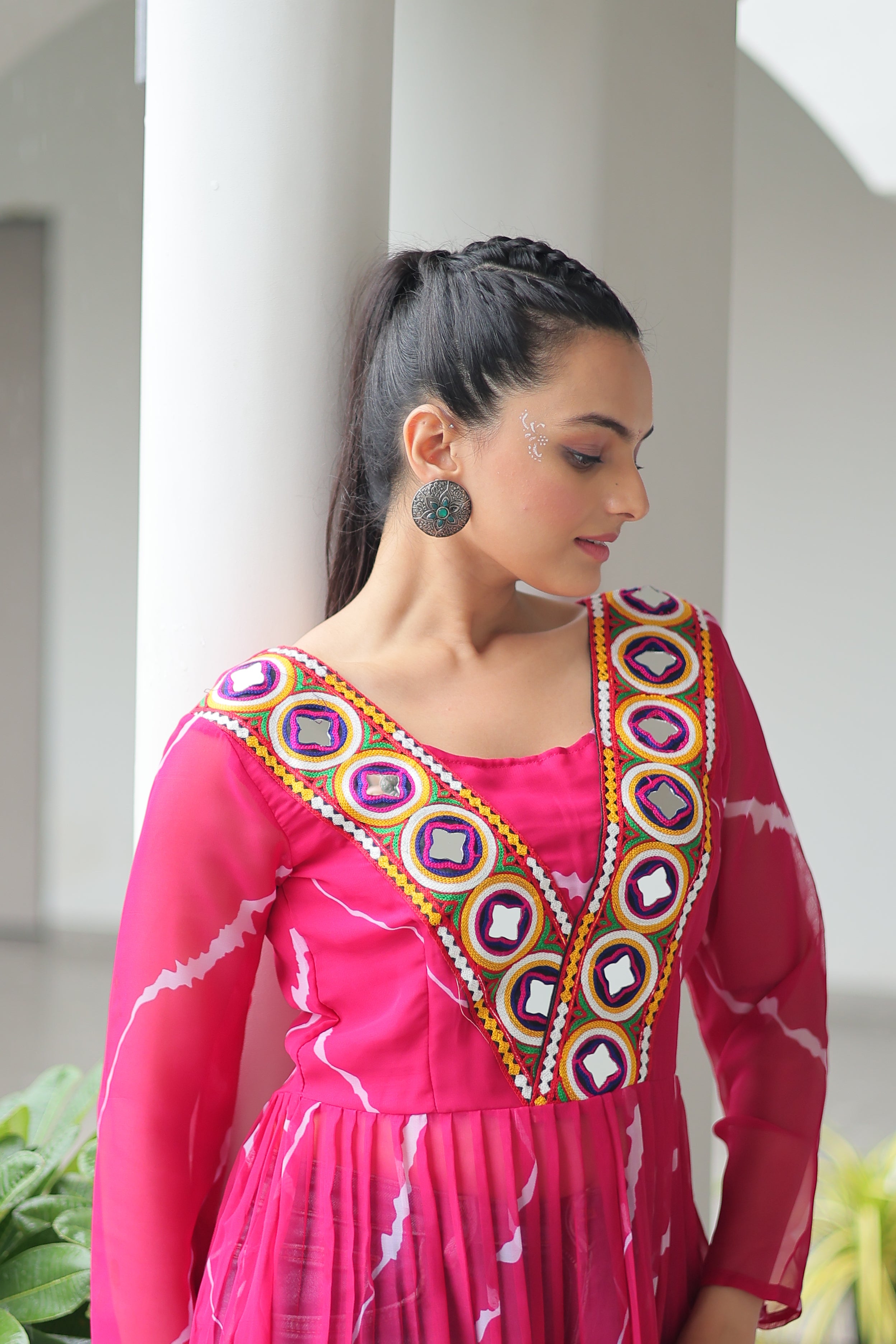 Traditional Bandhej Anarkali Dress with Vibrant Mirror Work Yoke