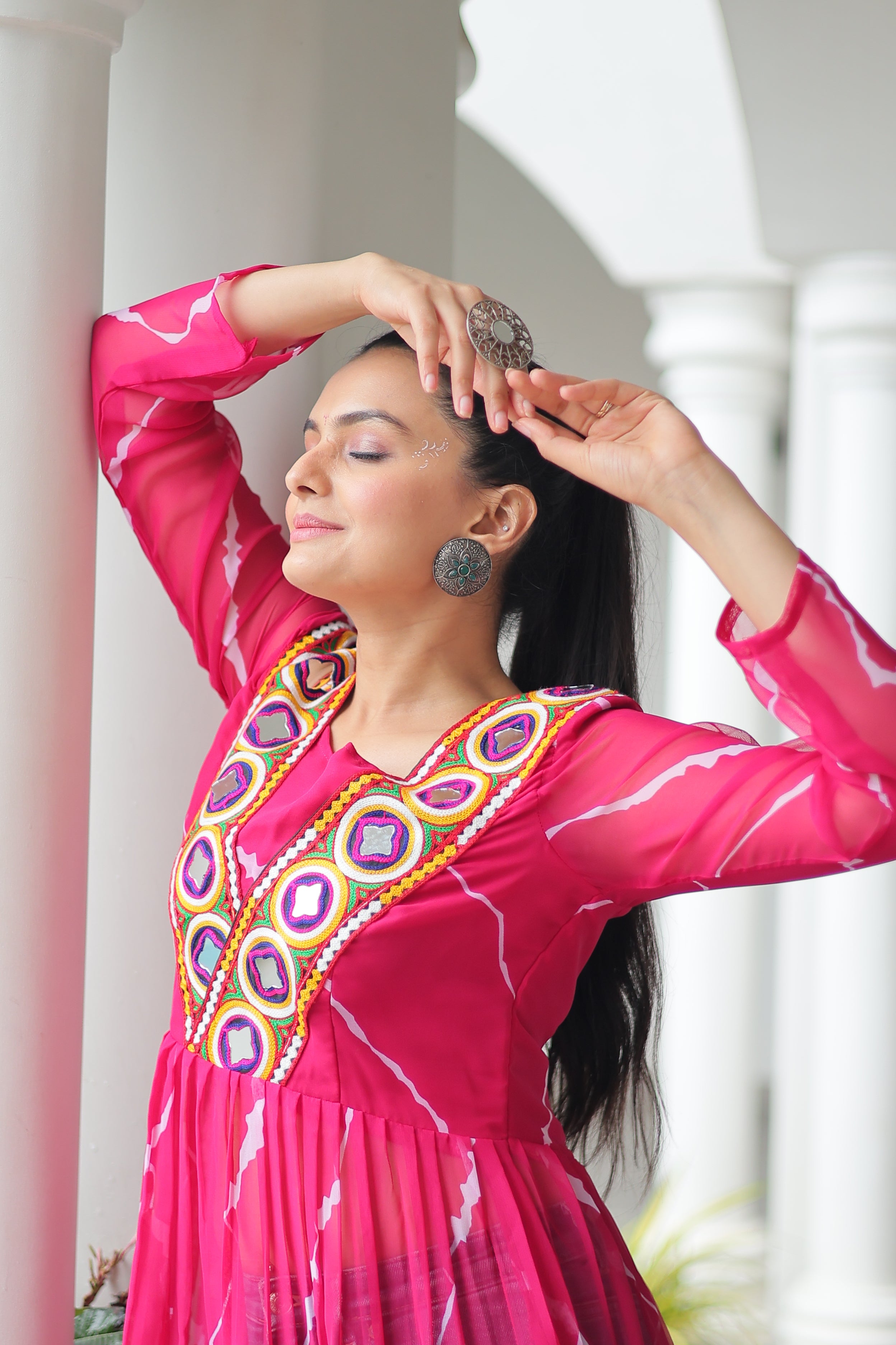 Traditional Bandhej Anarkali Dress with Vibrant Mirror Work Yoke