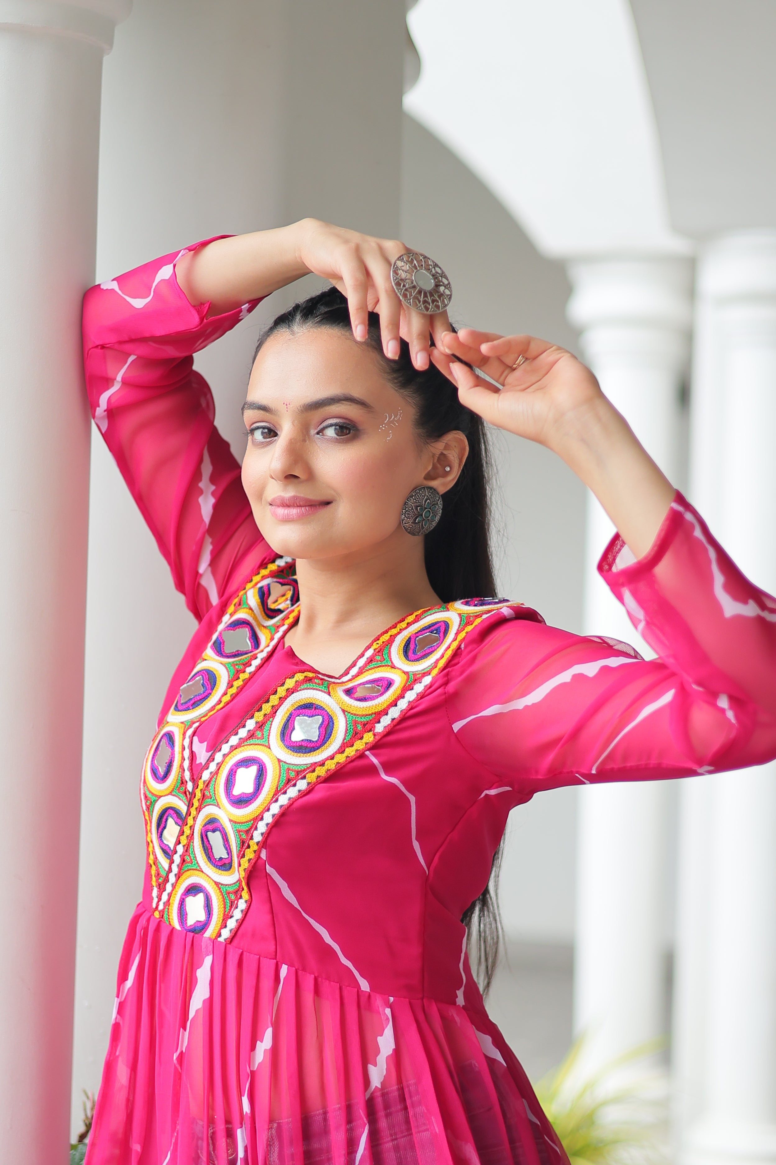 Traditional Bandhej Anarkali Dress with Vibrant Mirror Work Yoke