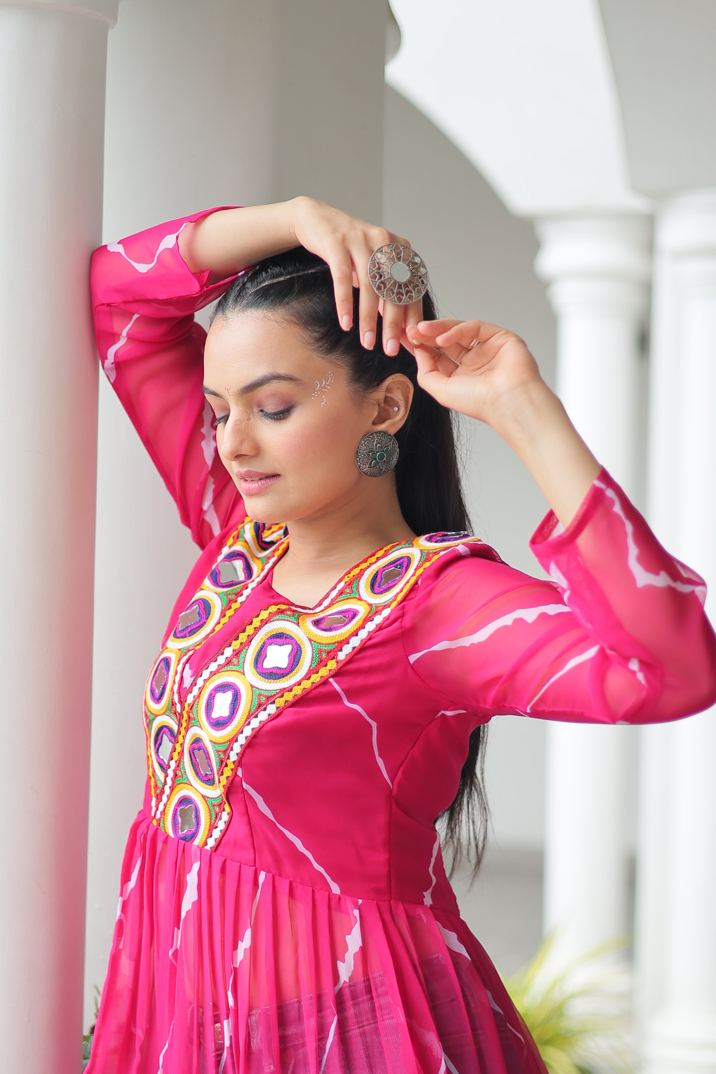 Traditional Bandhej Anarkali Dress with Vibrant Mirror Work Yoke