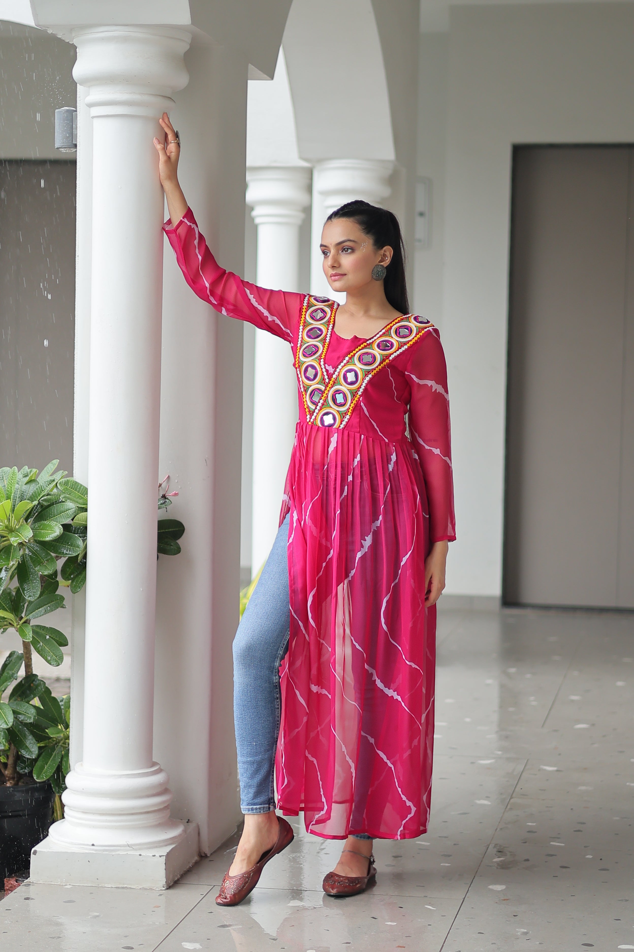 Traditional Bandhej Anarkali Dress with Vibrant Mirror Work Yoke