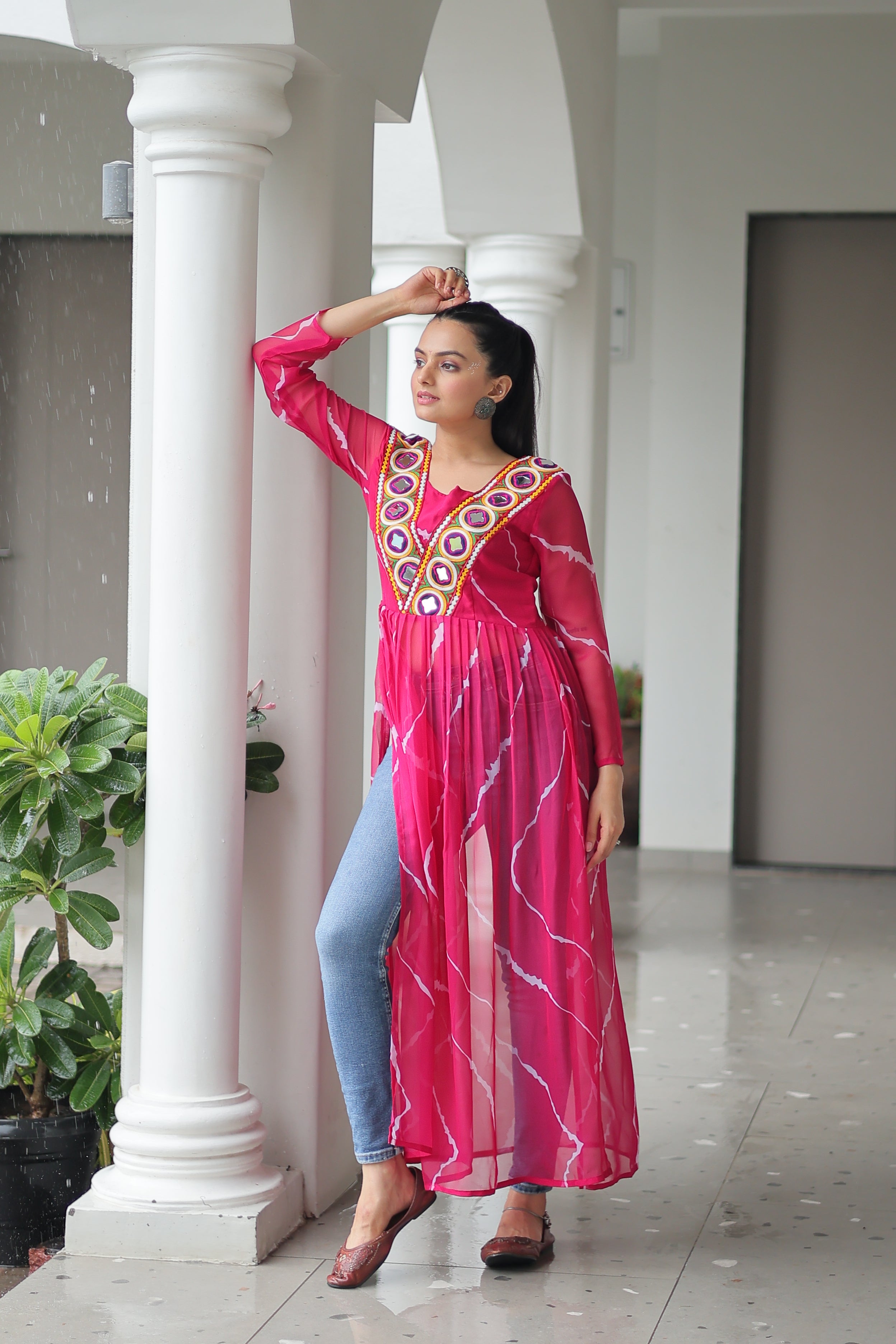 Traditional Bandhej Anarkali Dress with Vibrant Mirror Work Yoke