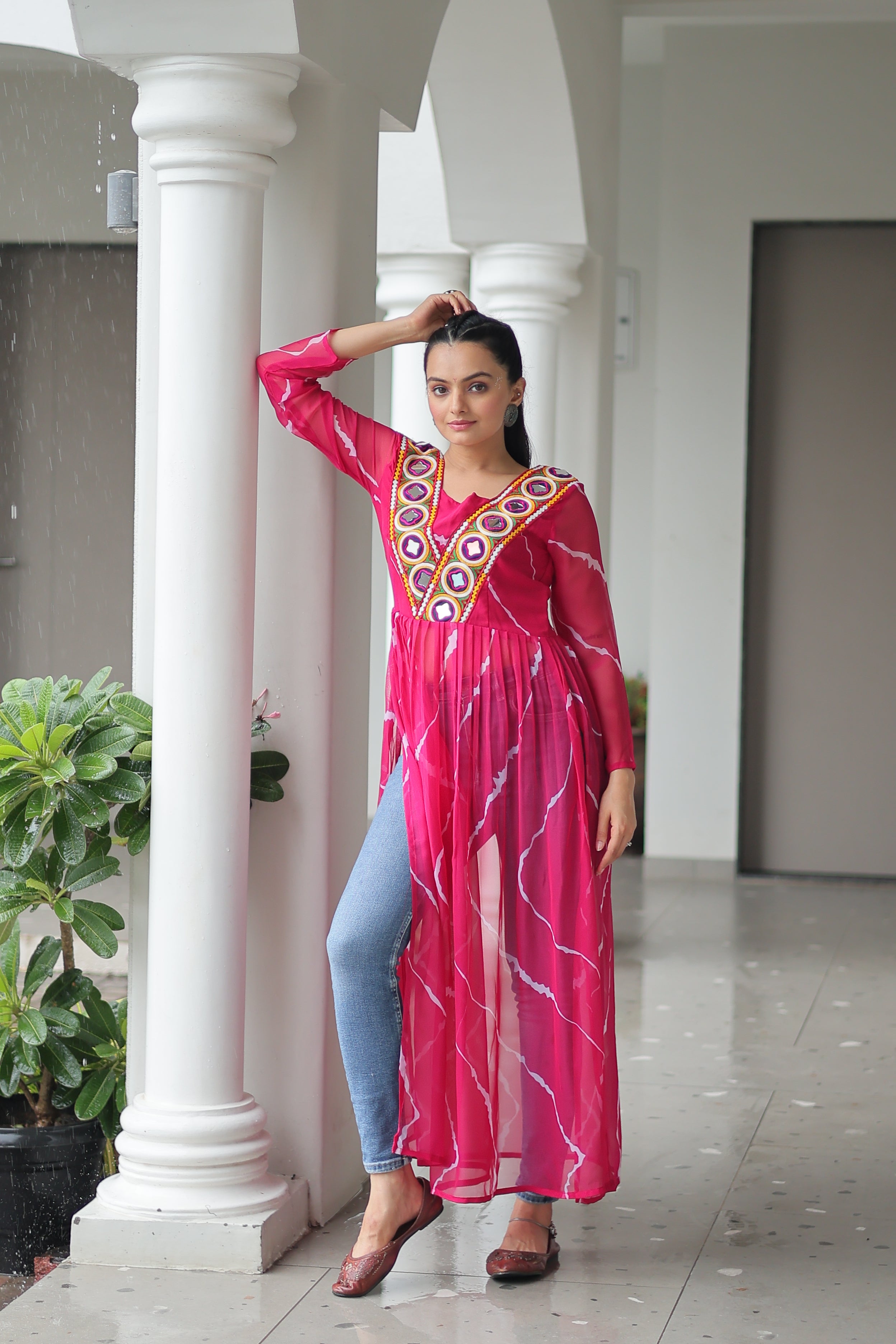 Traditional Bandhej Anarkali Dress with Vibrant Mirror Work Yoke