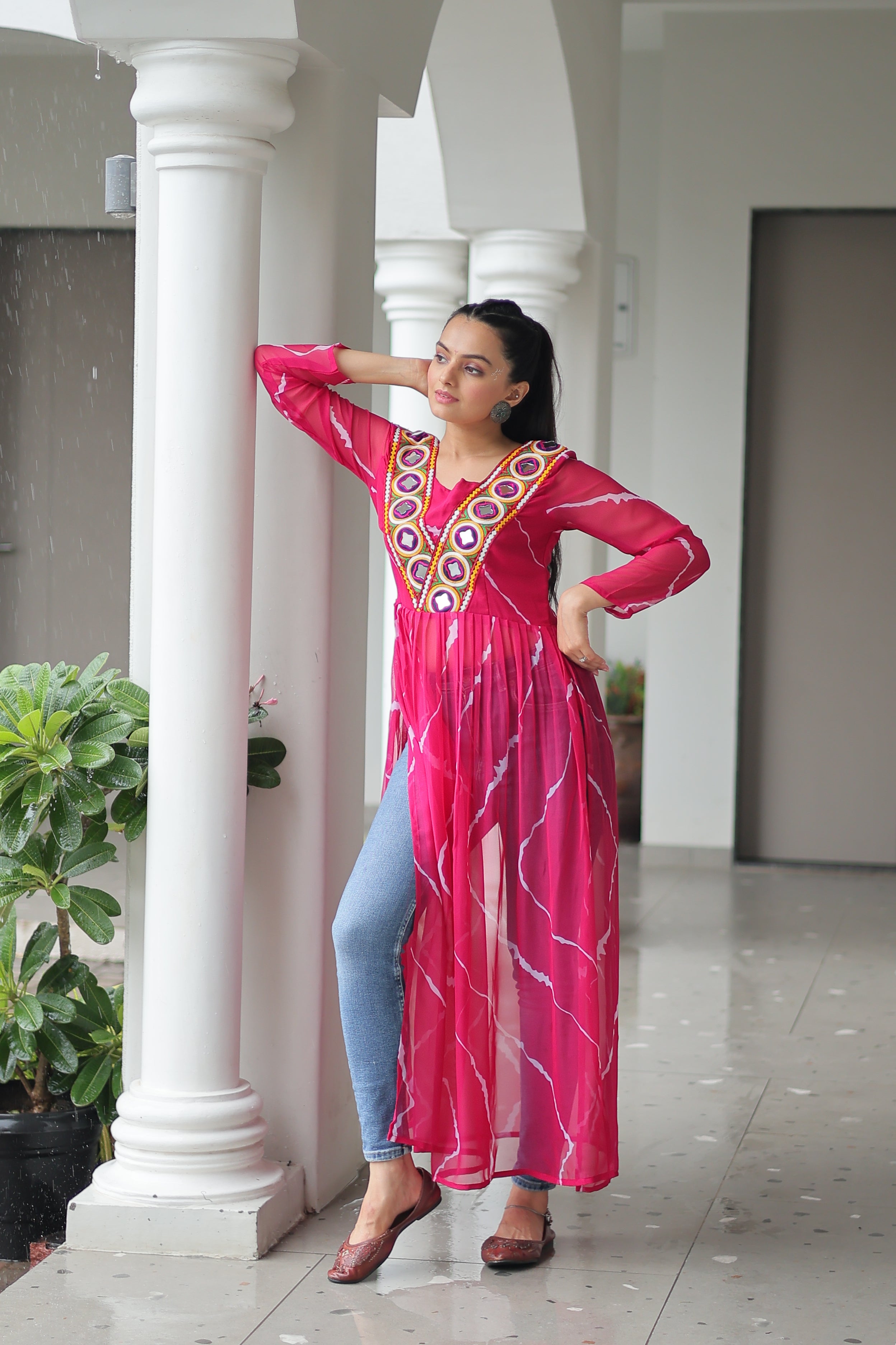 Traditional Bandhej Anarkali Dress with Vibrant Mirror Work Yoke