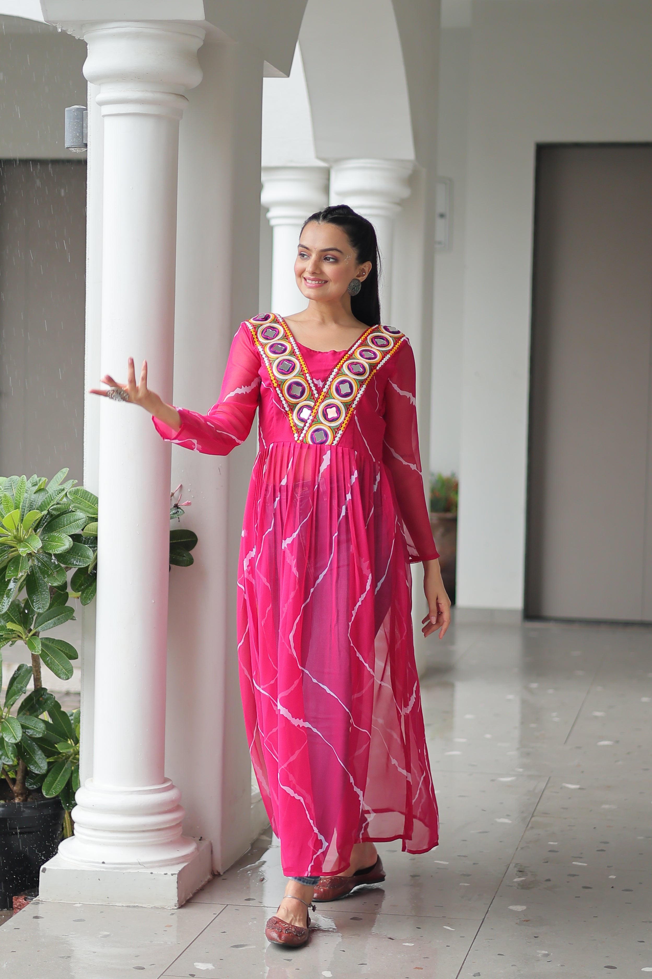 Traditional Bandhej Anarkali Dress with Vibrant Mirror Work Yoke