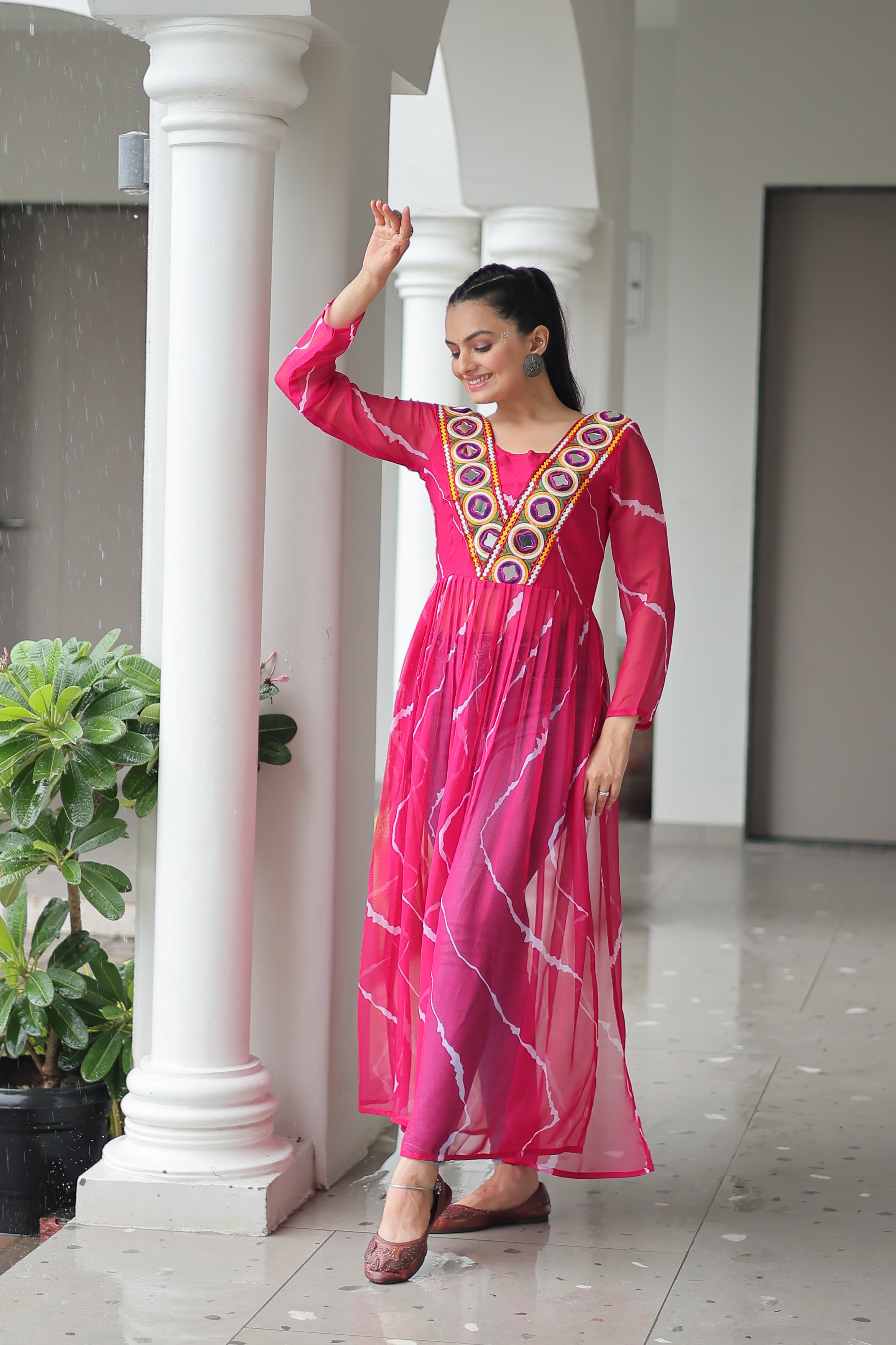 Traditional Bandhej Anarkali Dress with Vibrant Mirror Work Yoke