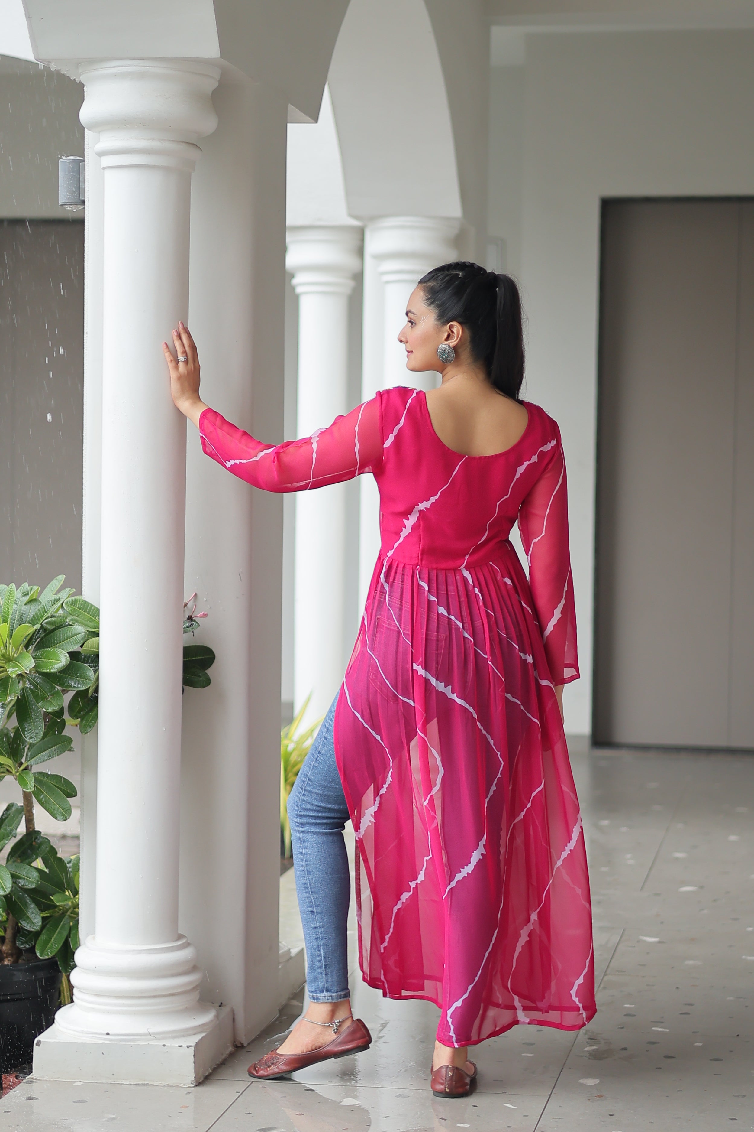 Traditional Bandhej Anarkali Dress with Vibrant Mirror Work Yoke