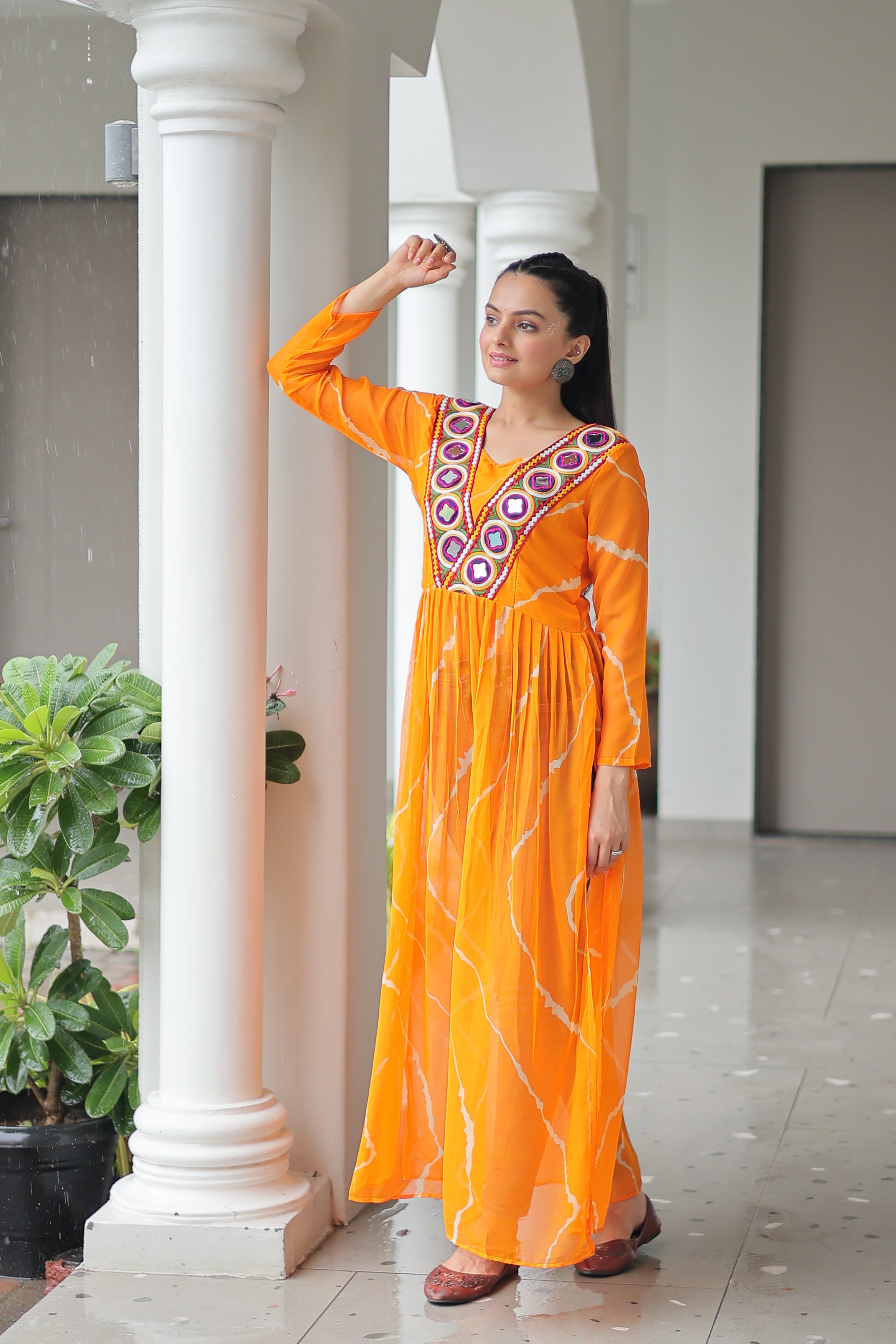 Traditional Bandhej Anarkali Dress with Vibrant Mirror Work Yoke