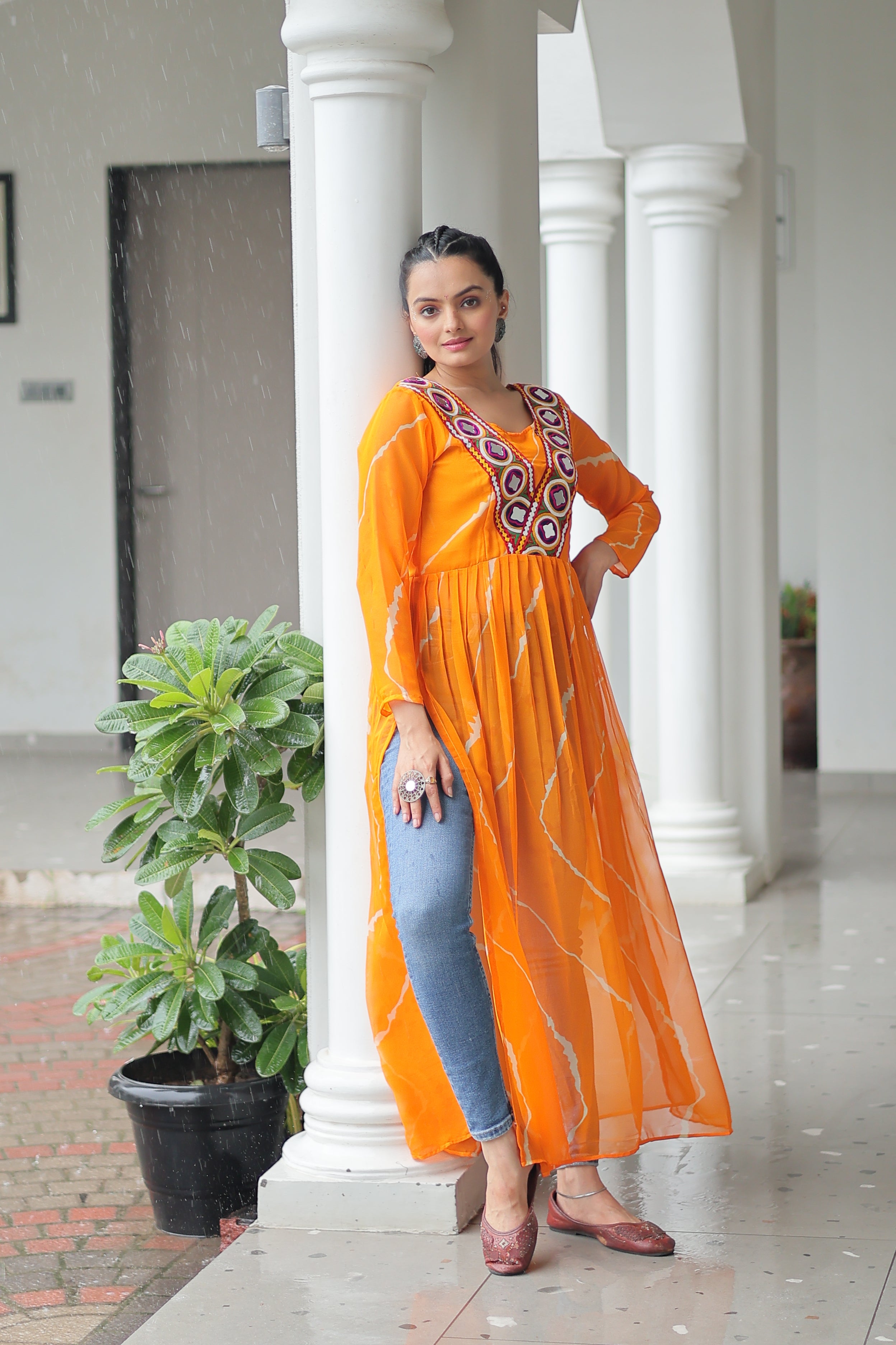 Traditional Bandhej Anarkali Dress with Vibrant Mirror Work Yoke