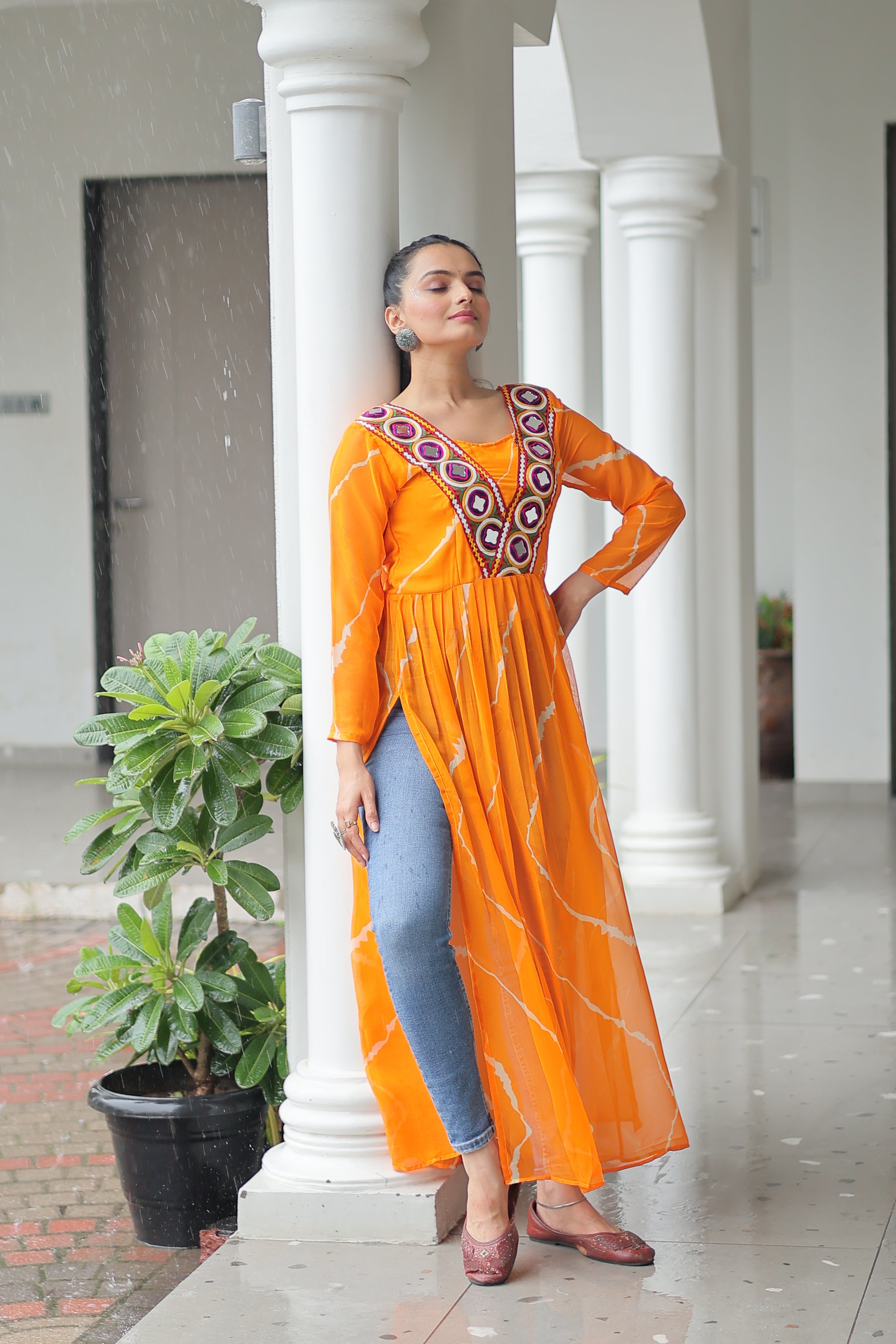 Traditional Bandhej Anarkali Dress with Vibrant Mirror Work Yoke