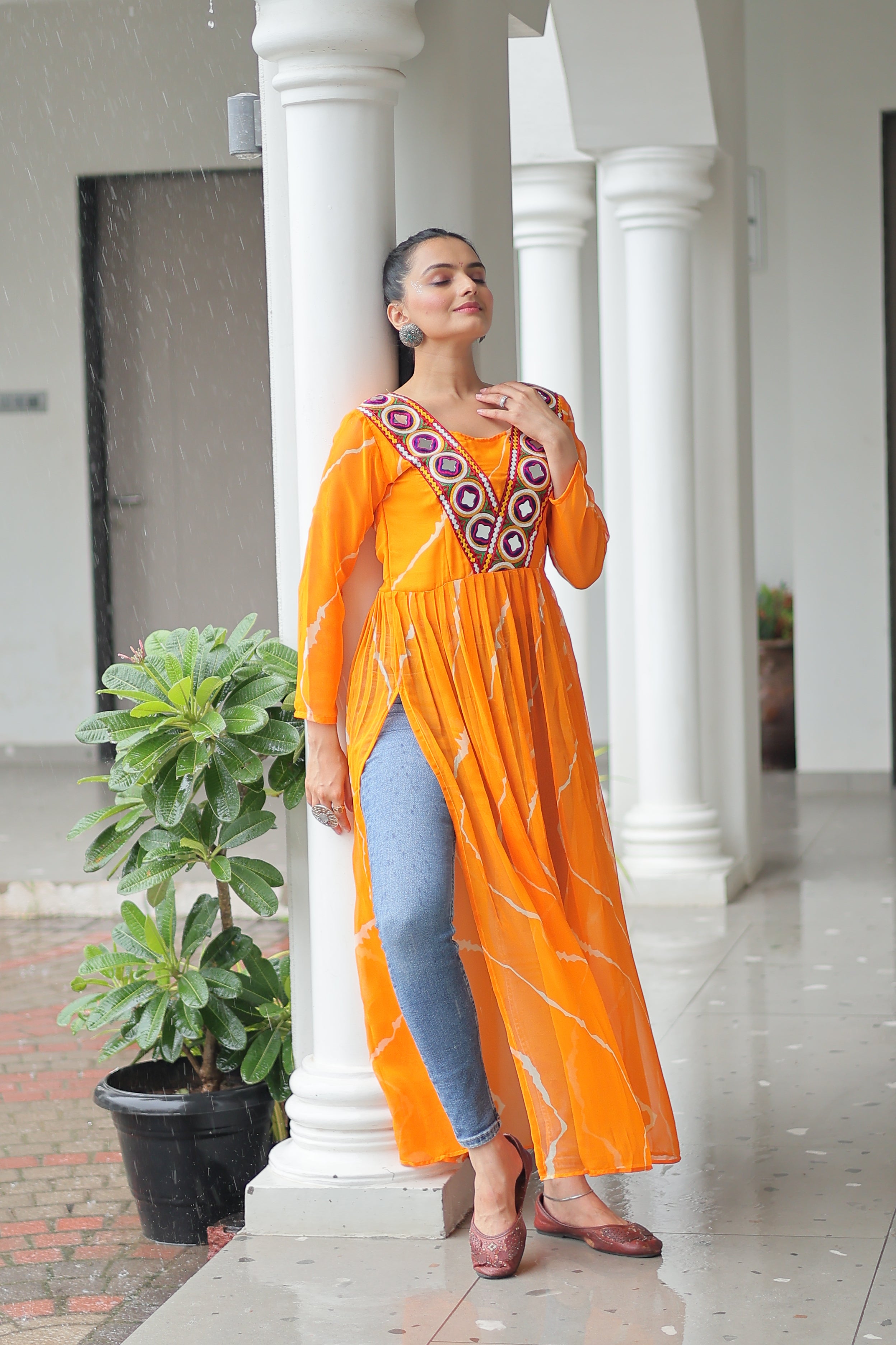 Traditional Bandhej Anarkali Dress with Vibrant Mirror Work Yoke