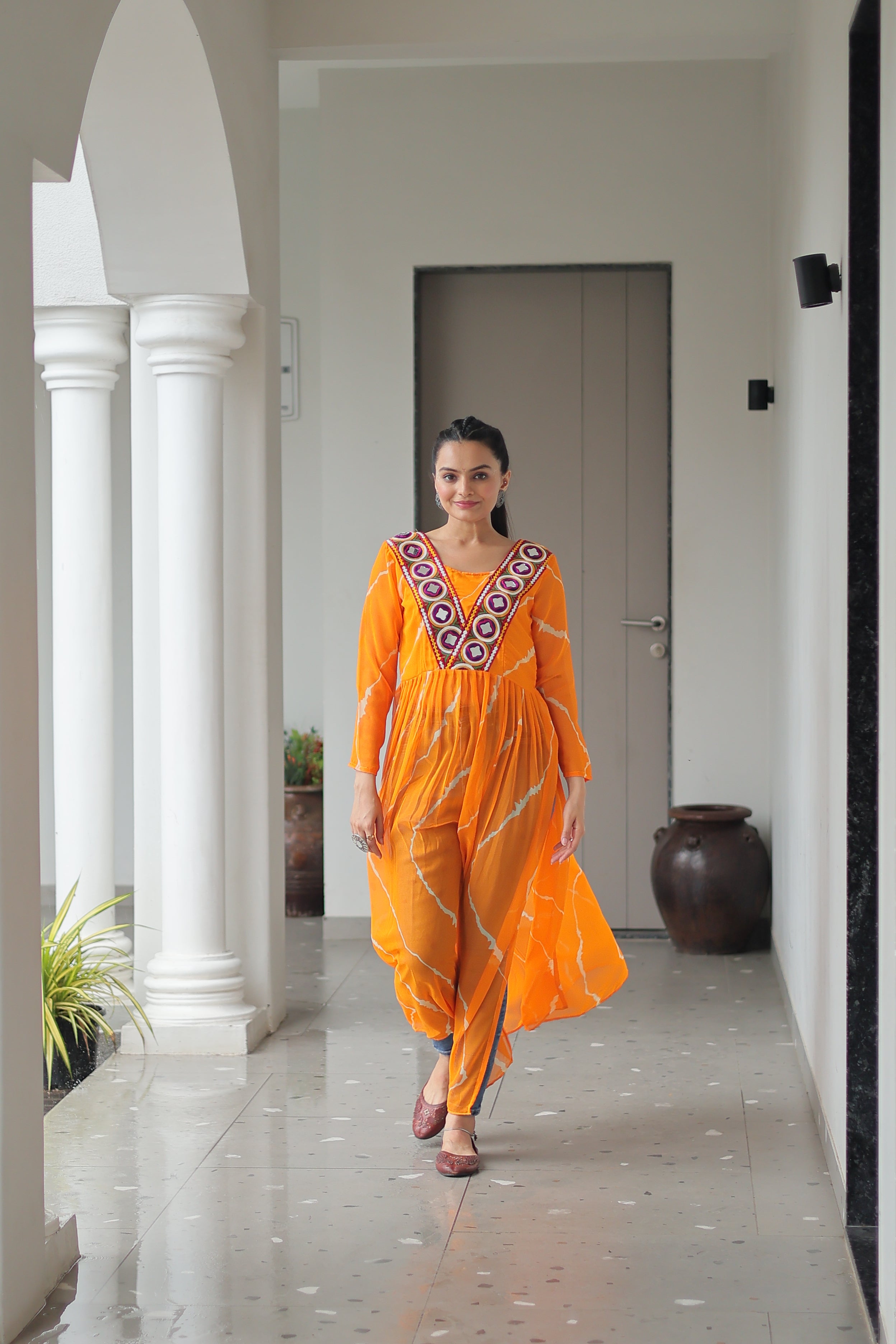 Traditional Bandhej Anarkali Dress with Vibrant Mirror Work Yoke