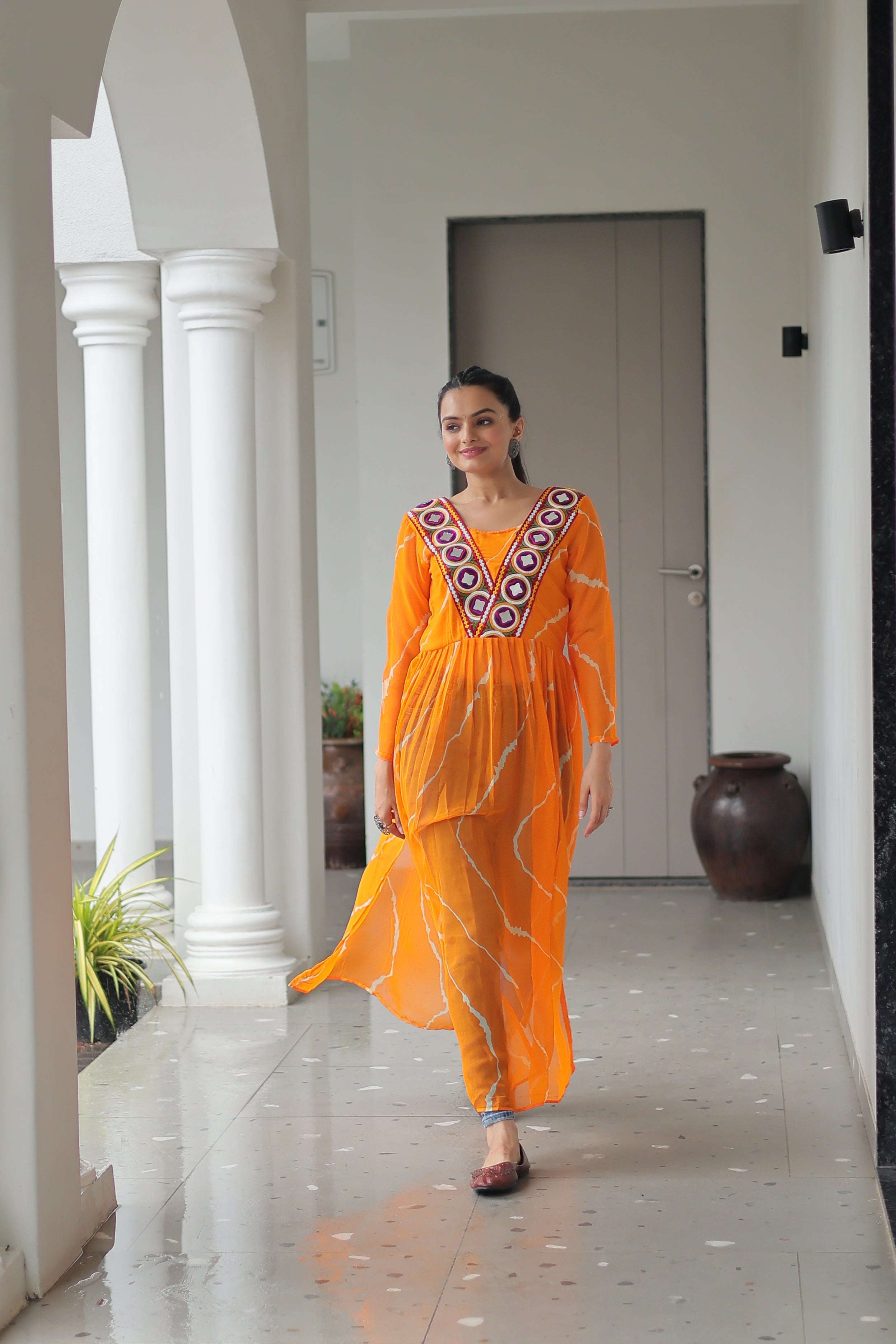 Traditional Bandhej Anarkali Dress with Vibrant Mirror Work Yoke