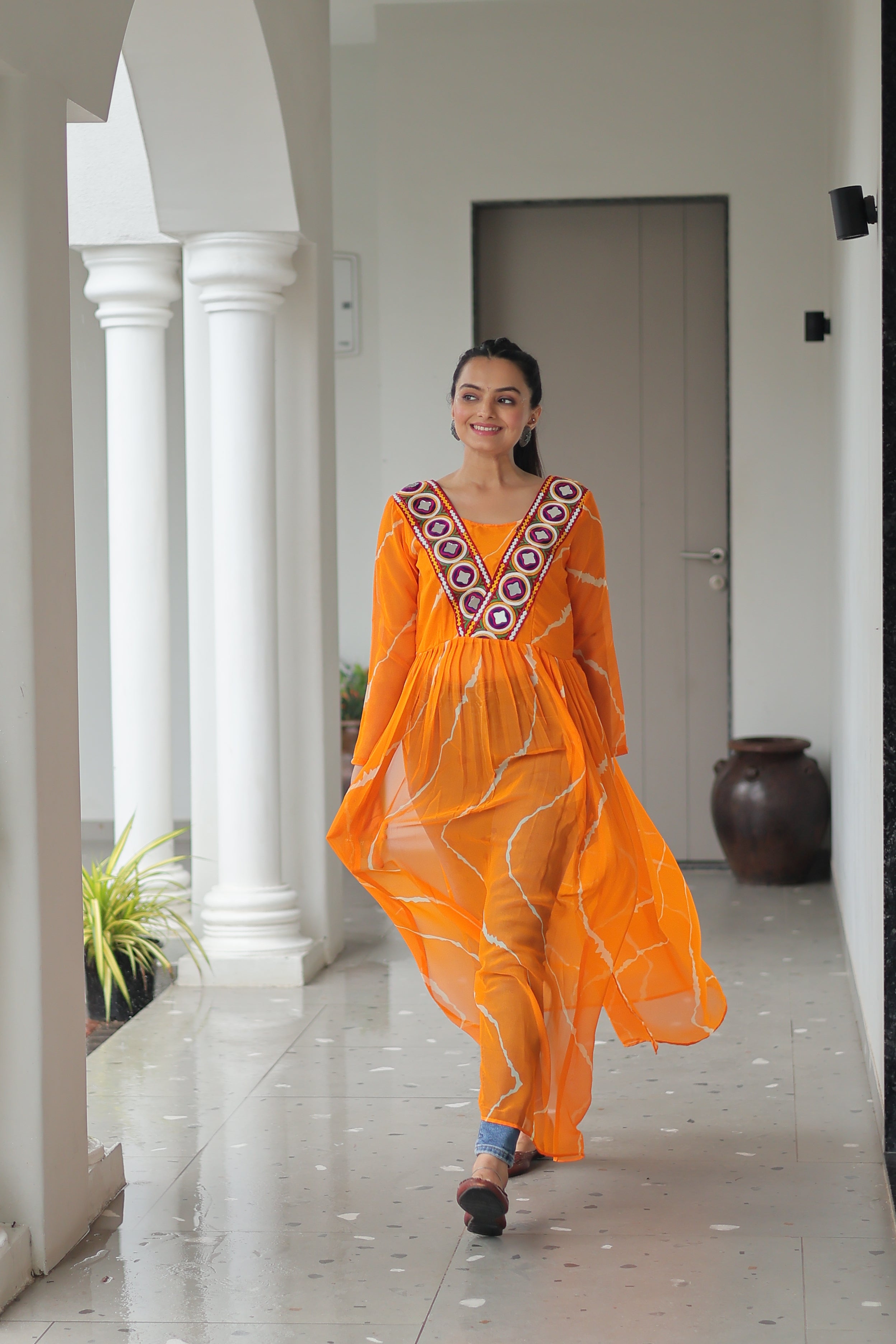 Traditional Bandhej Anarkali Dress with Vibrant Mirror Work Yoke