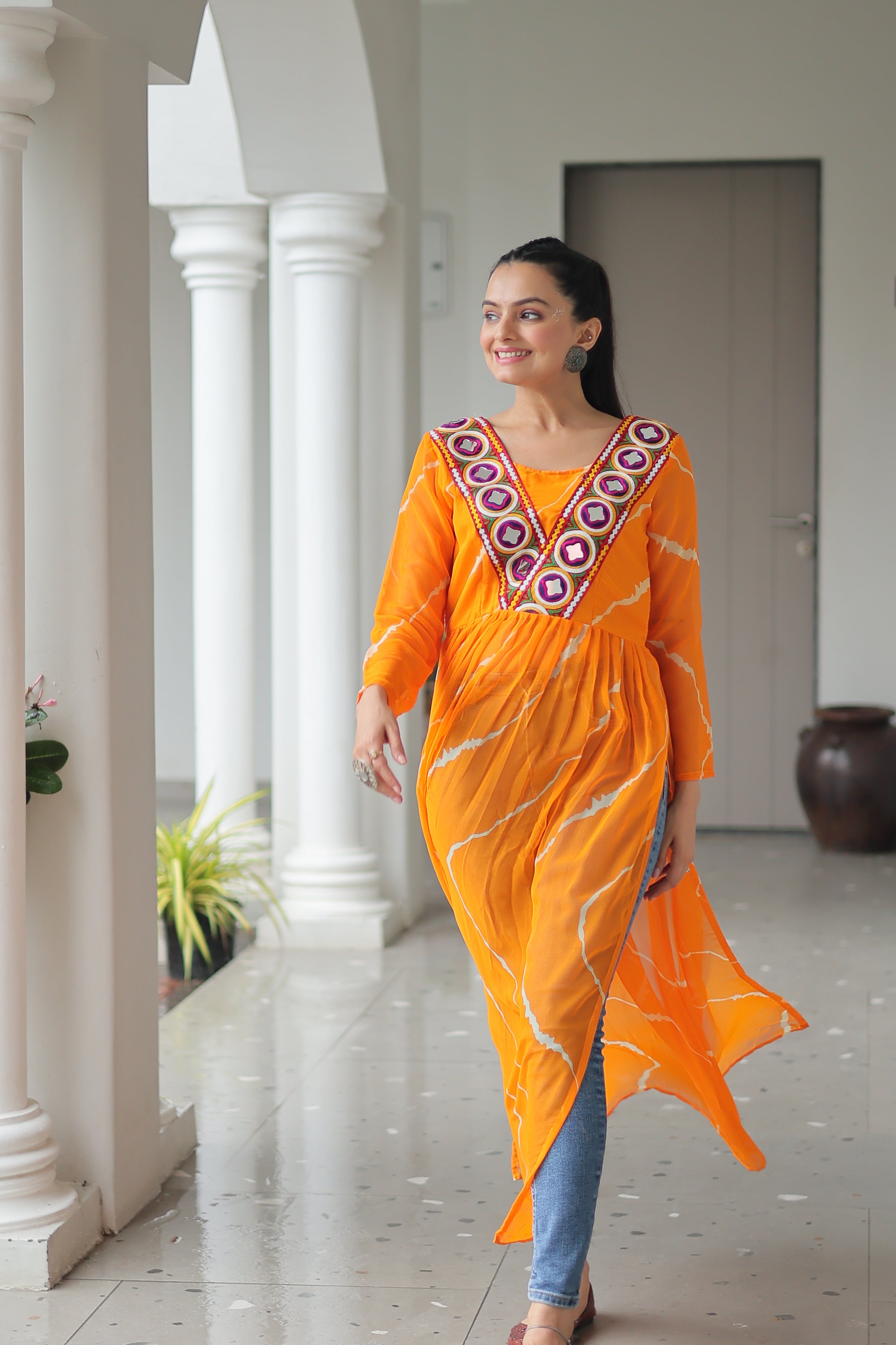 Traditional Bandhej Anarkali Dress with Vibrant Mirror Work Yoke