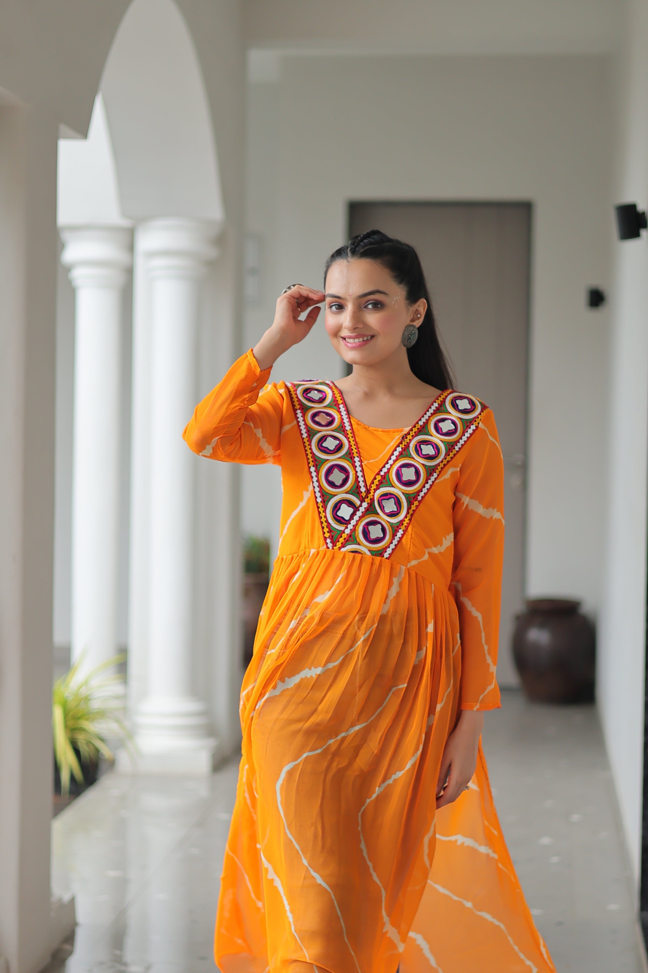 Traditional Bandhej Anarkali Dress with Vibrant Mirror Work Yoke
