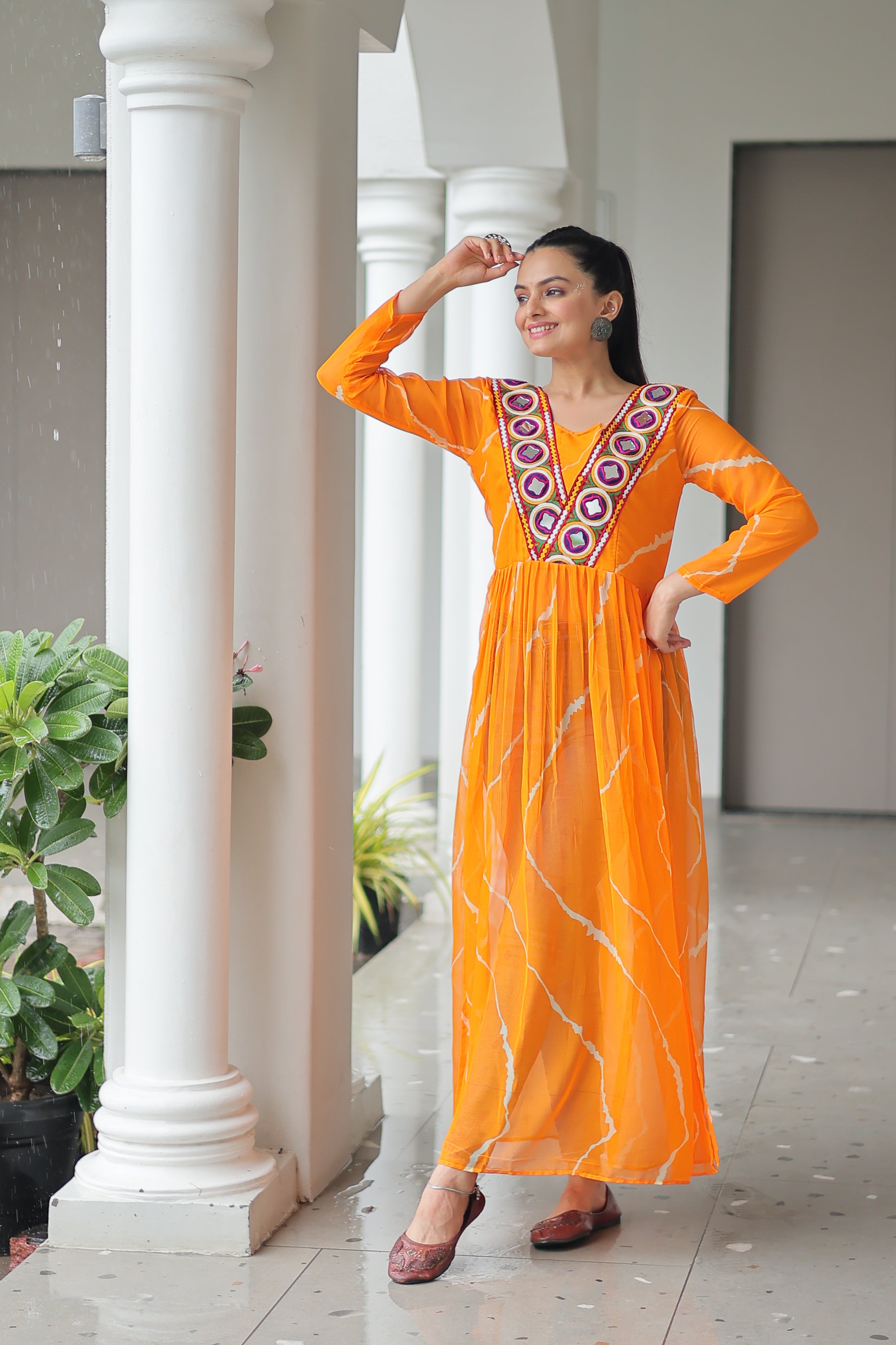 Traditional Bandhej Anarkali Dress with Vibrant Mirror Work Yoke