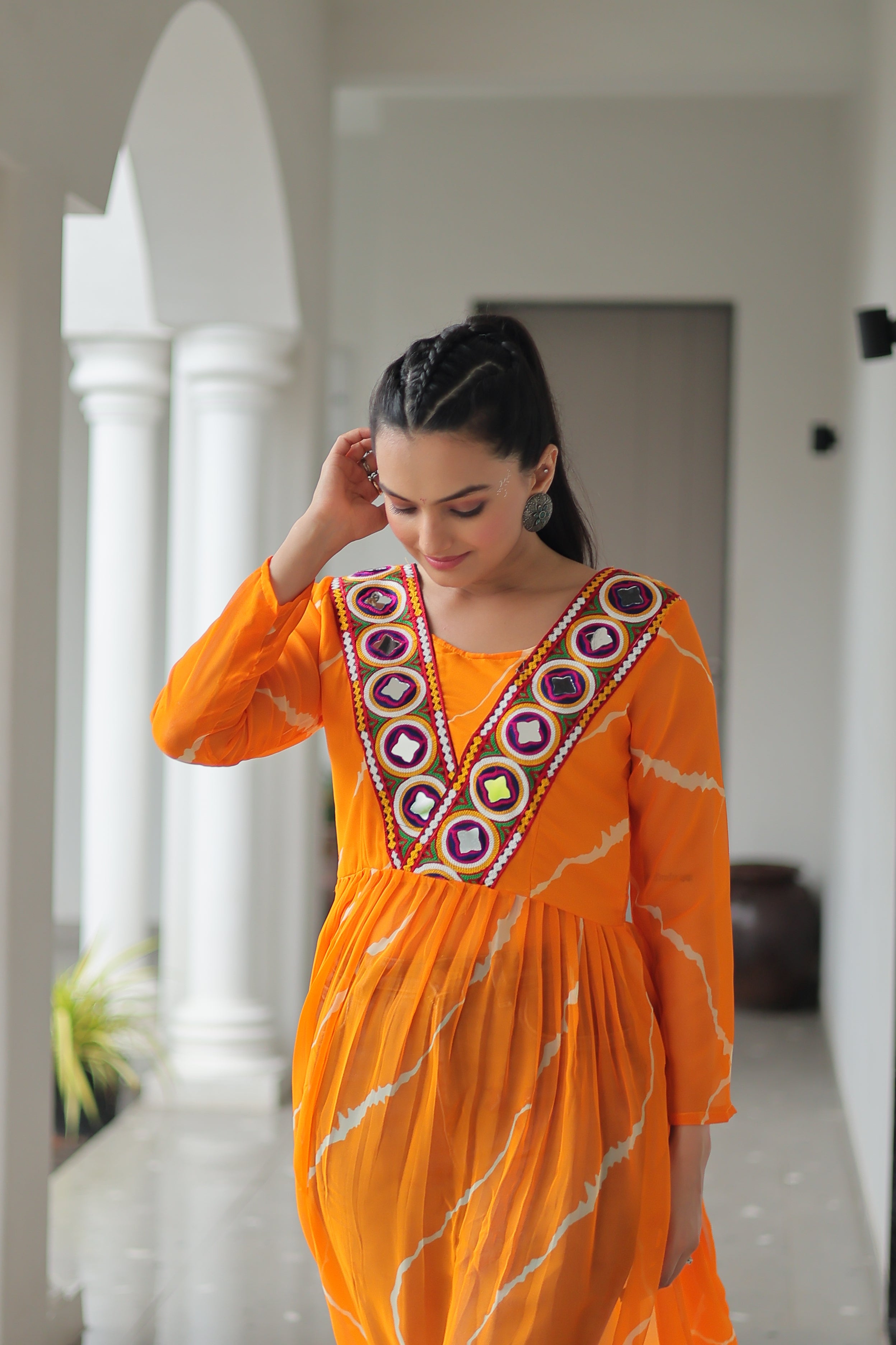 Traditional Bandhej Anarkali Dress with Vibrant Mirror Work Yoke