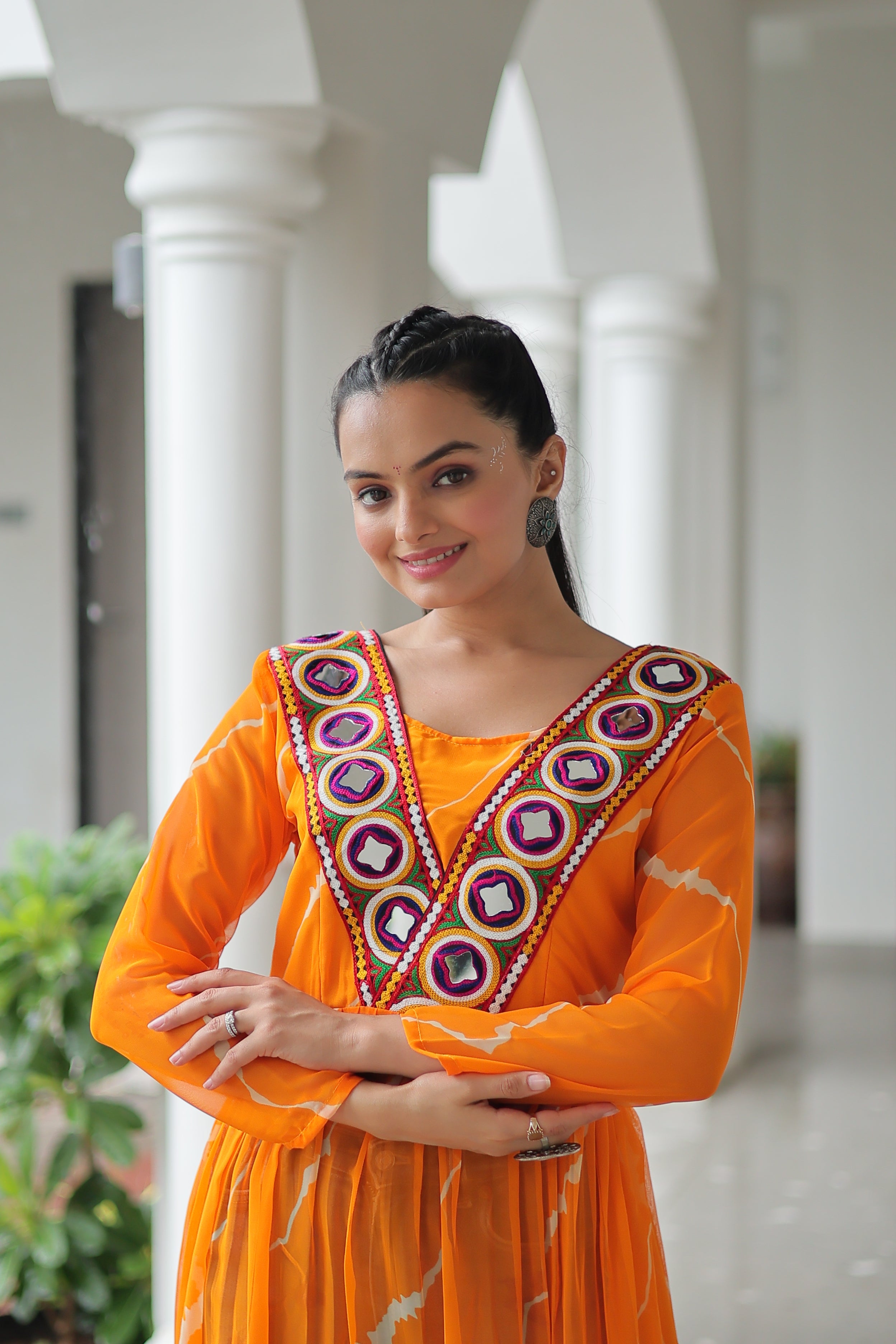 Traditional Bandhej Anarkali Dress with Vibrant Mirror Work Yoke