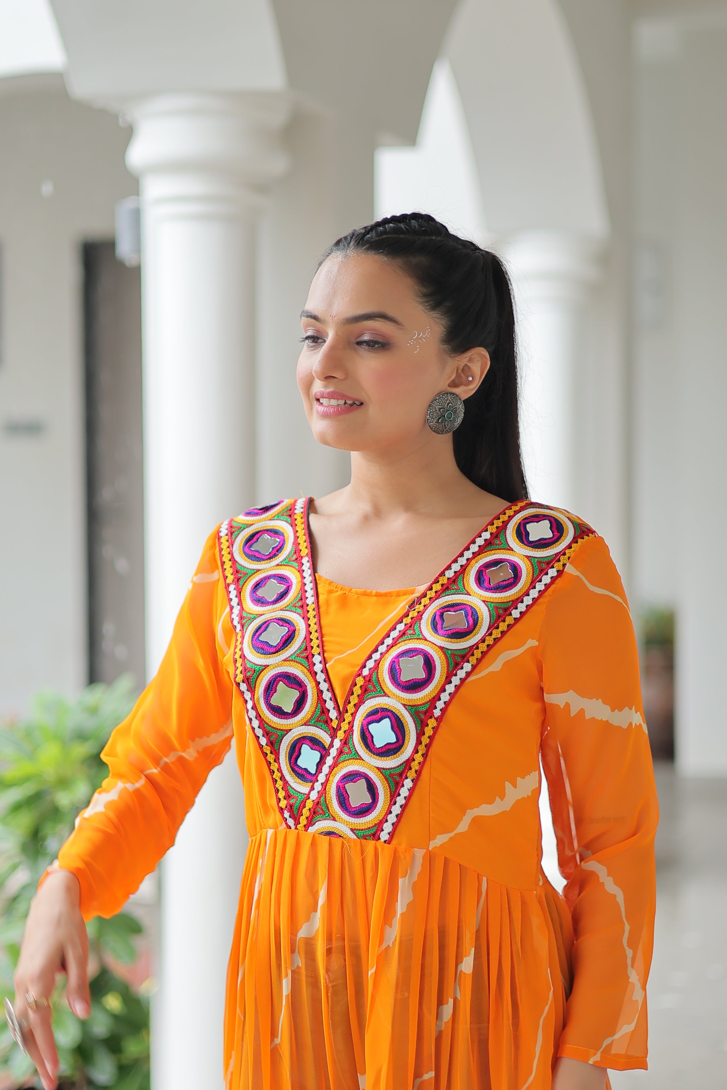 Traditional Bandhej Anarkali Dress with Vibrant Mirror Work Yoke