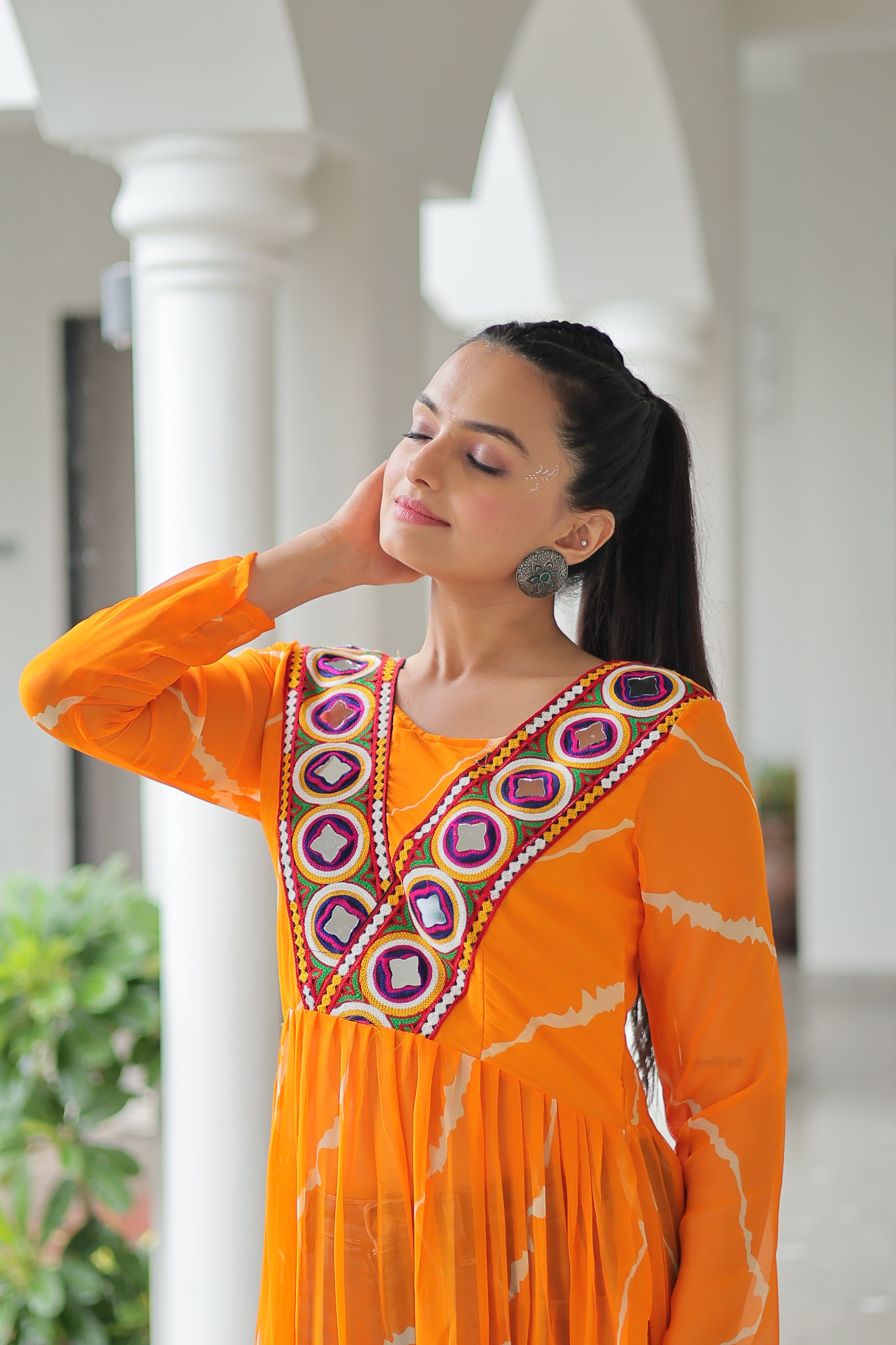 Traditional Bandhej Anarkali Dress with Vibrant Mirror Work Yoke